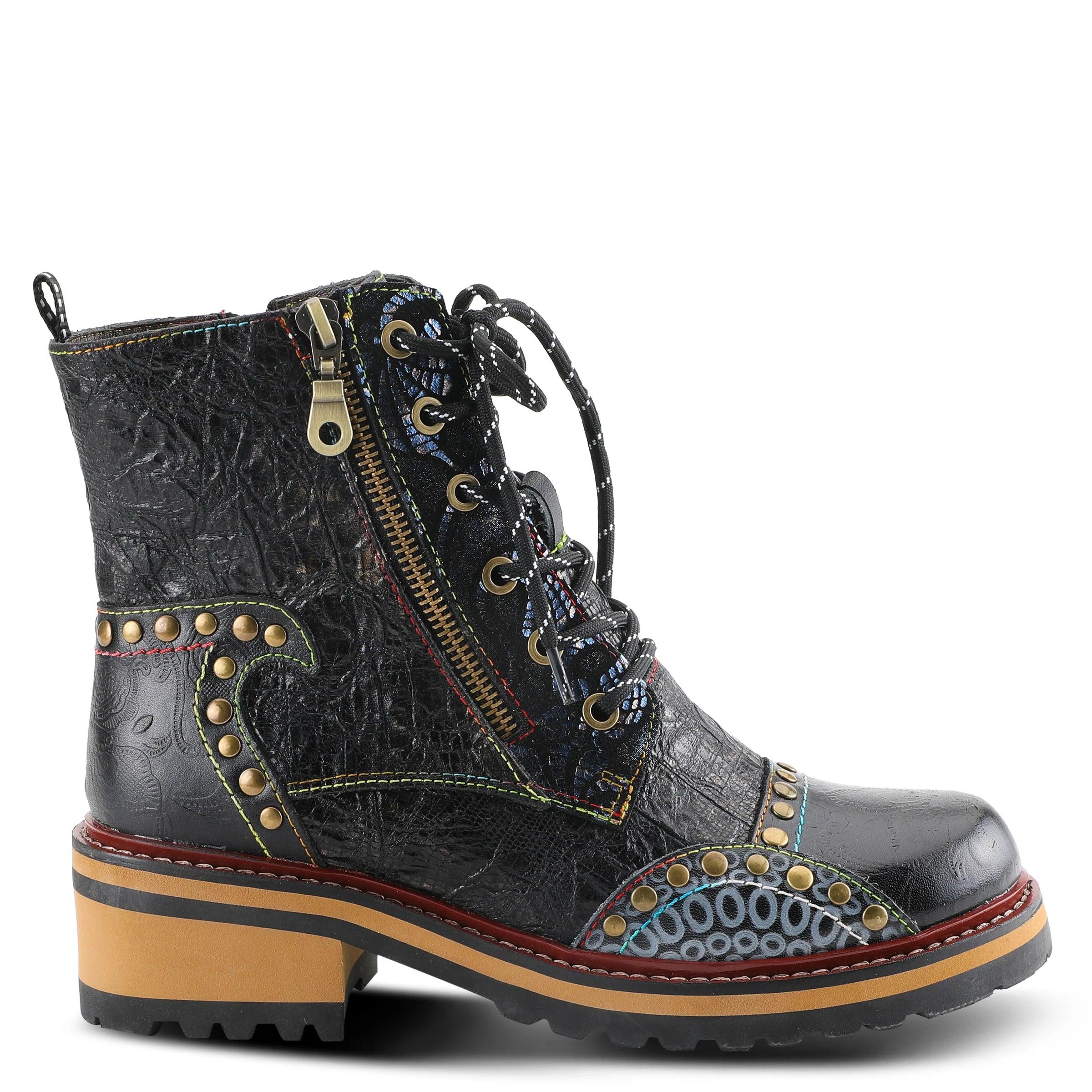 Black leather boot with decorative elements on a white background