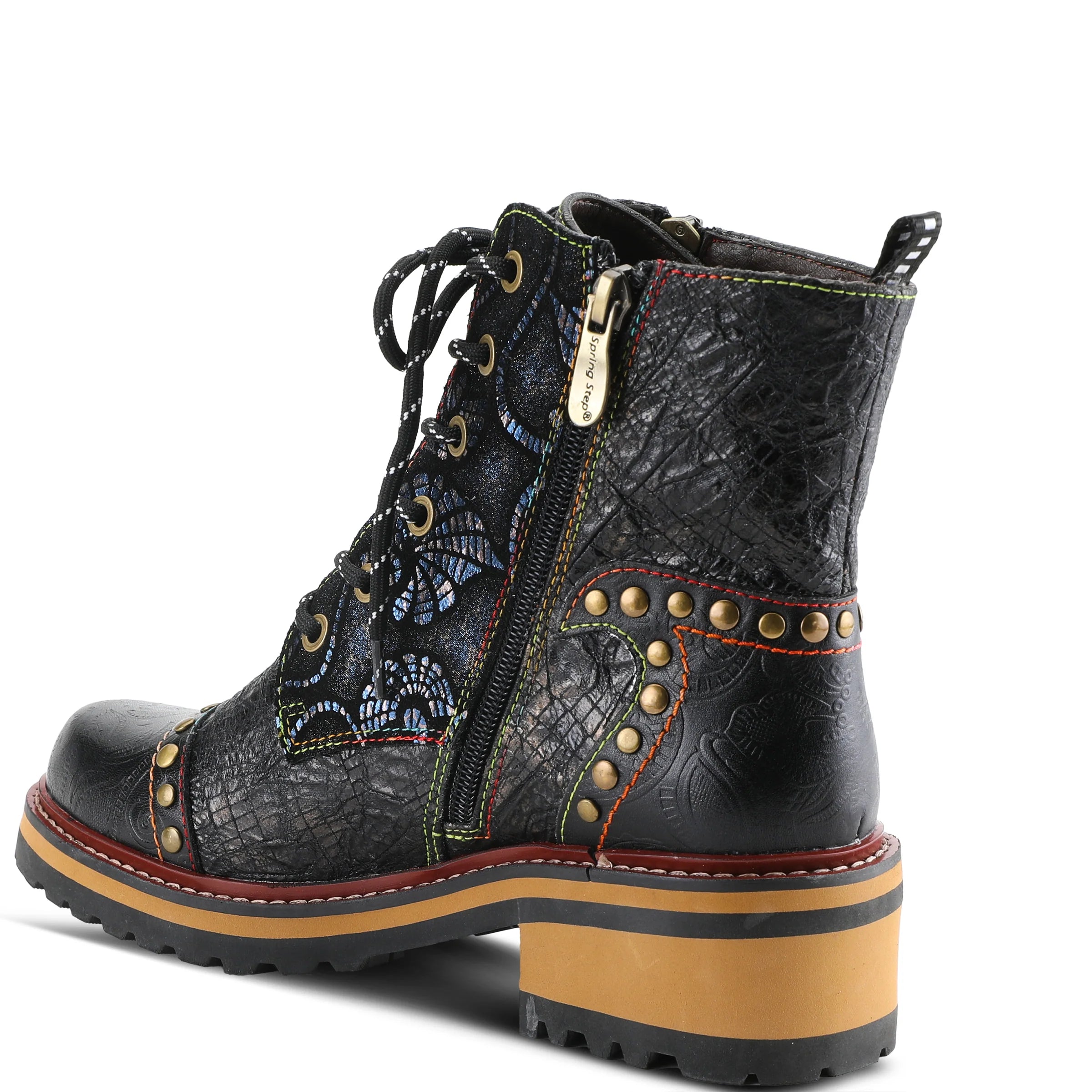 A black textured leather lace-up ankle boot with a side zipper, decorative studs, and a tan block heel, shown on a white background.