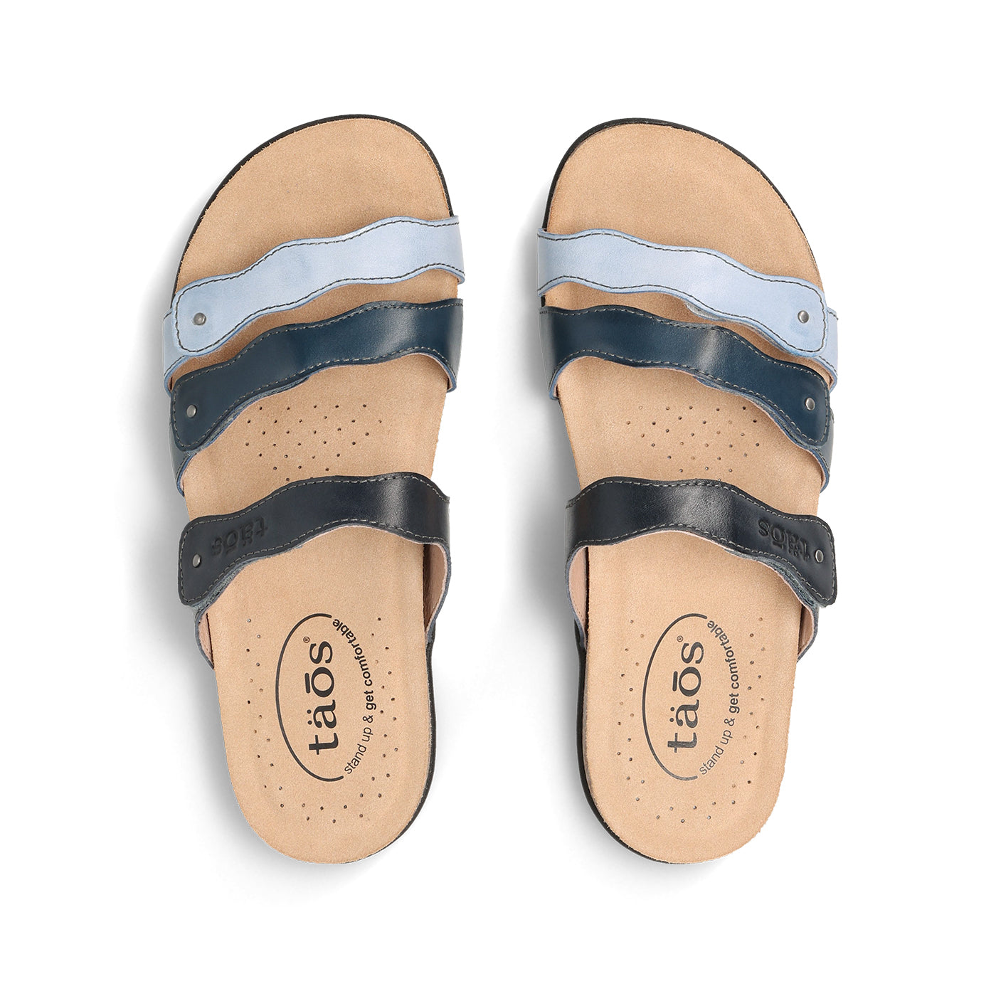 Pair of sandals with blue and black straps on a white background