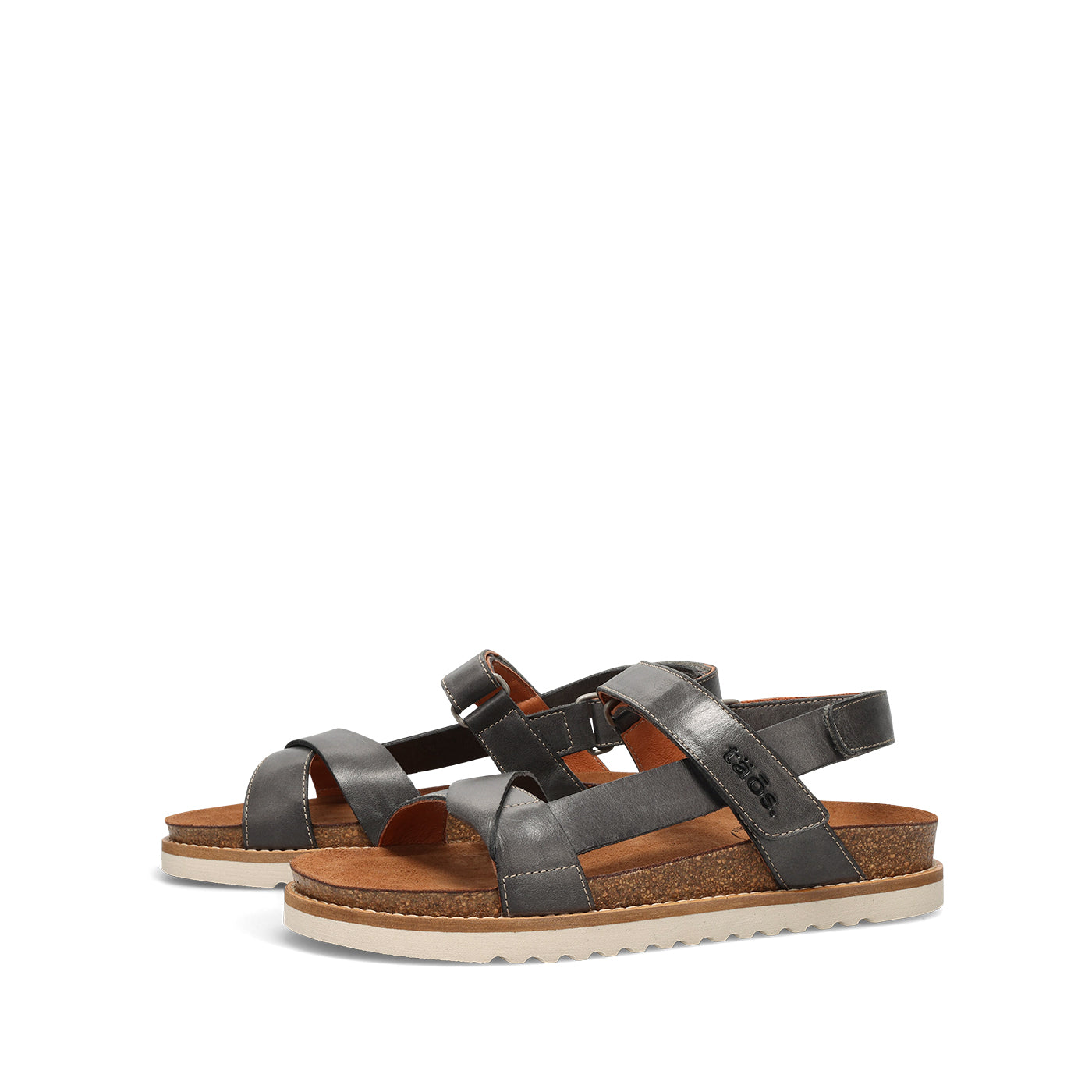 Pair of gray sandals with brown soles on a white background