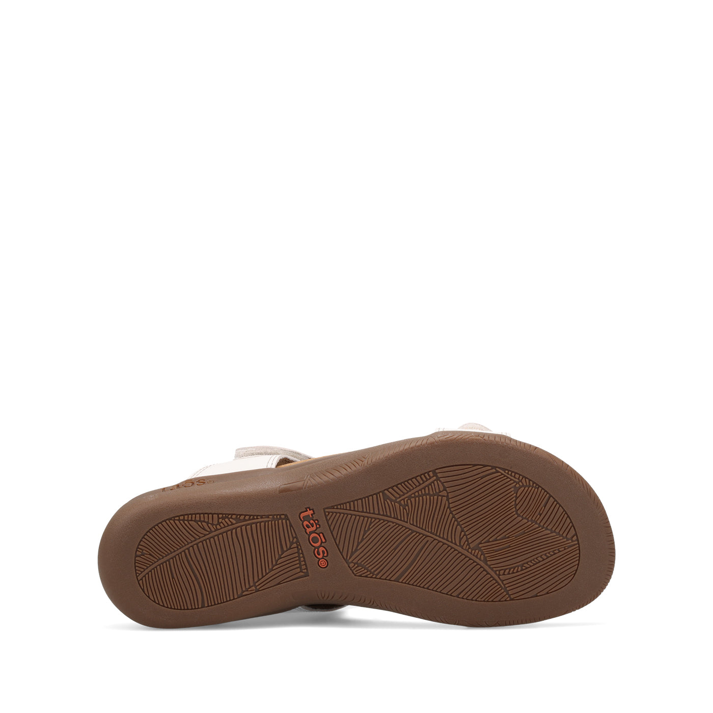 Brown sandal sole with 'Taos' branding on a white background