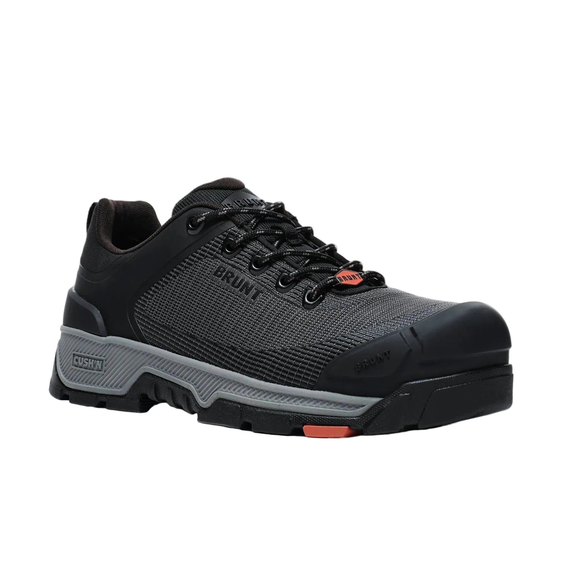 Black and gray work shoe with Brunt branding on a white background