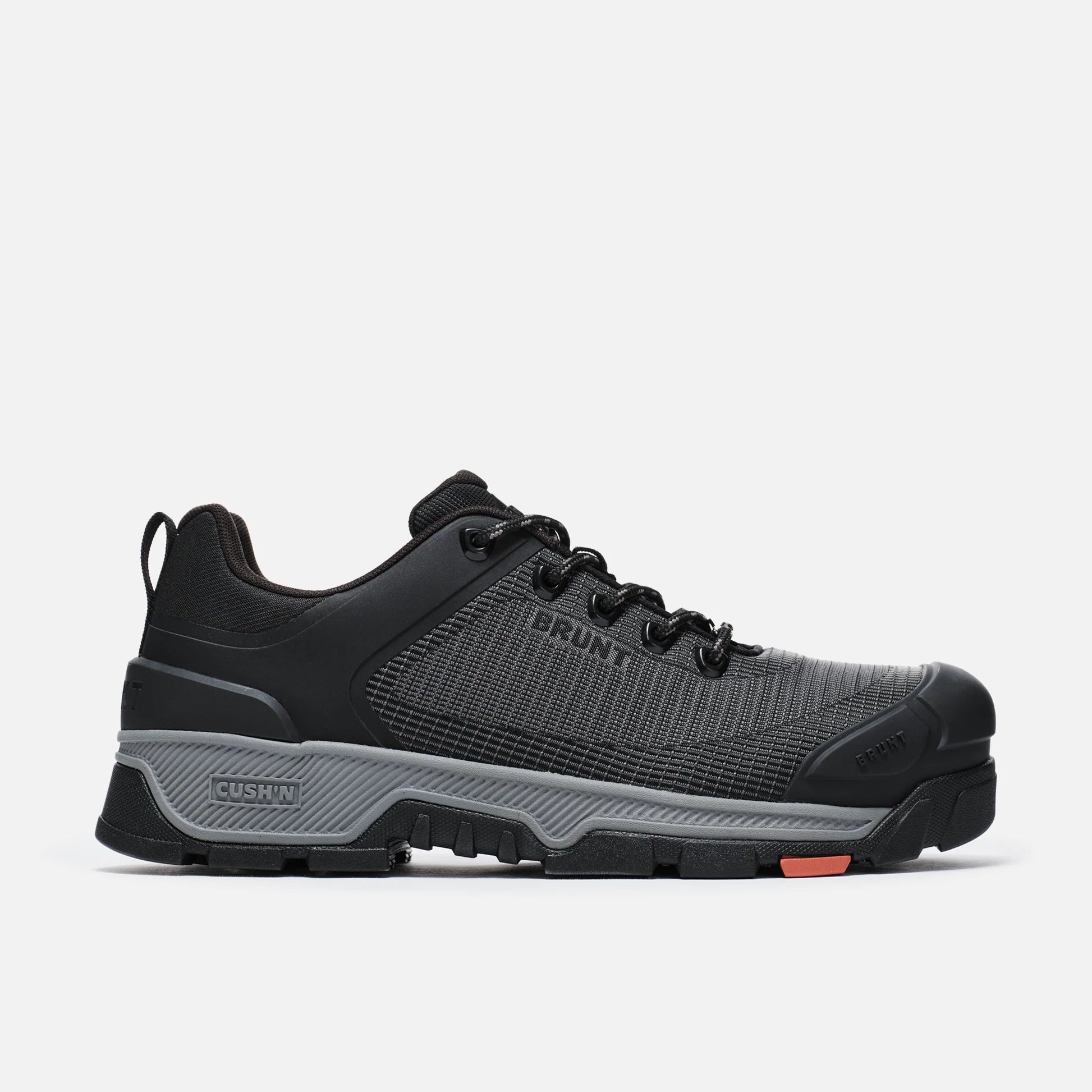 Black sneaker with a brunt
logo on a white background