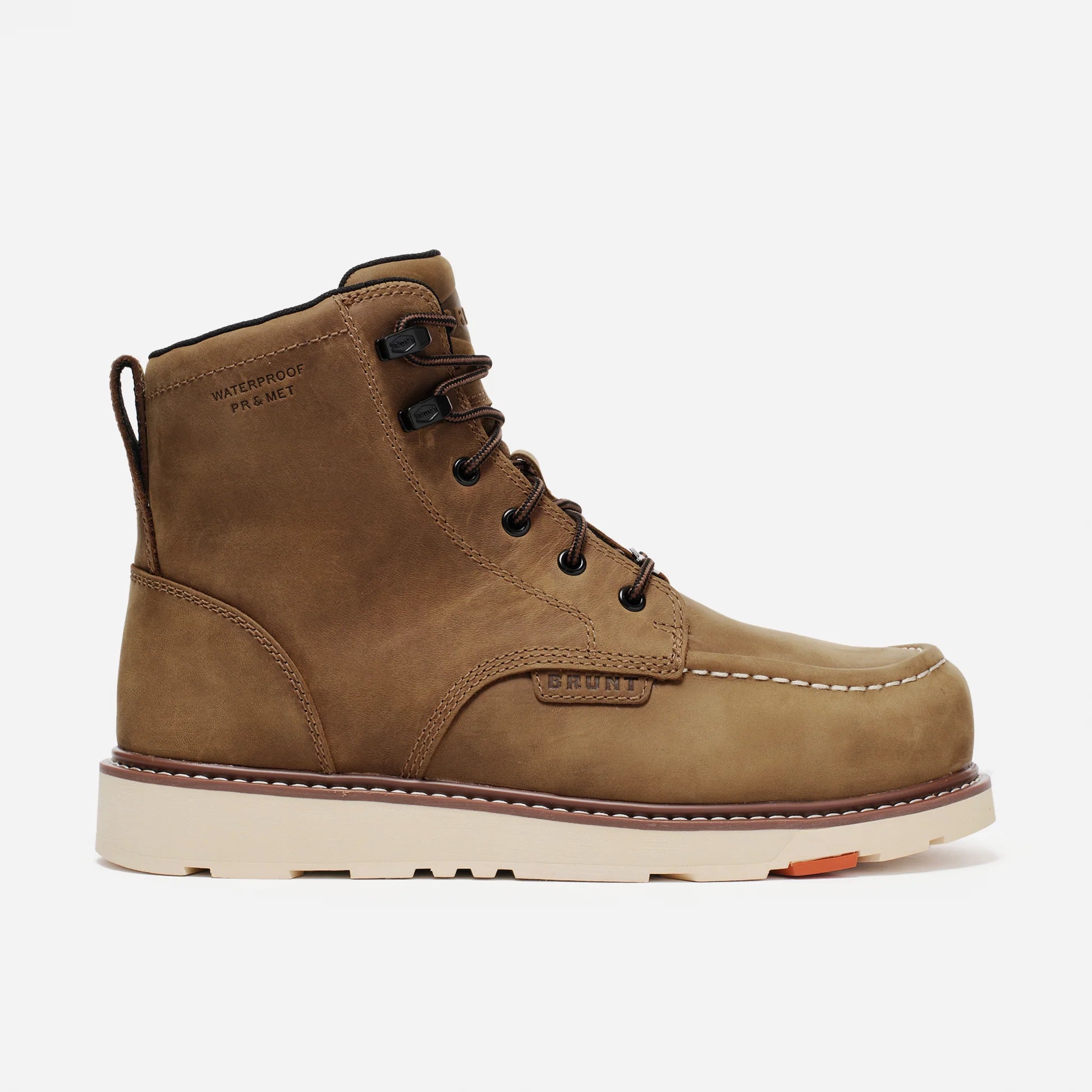 Brown leather boot with white sole on a light gray background