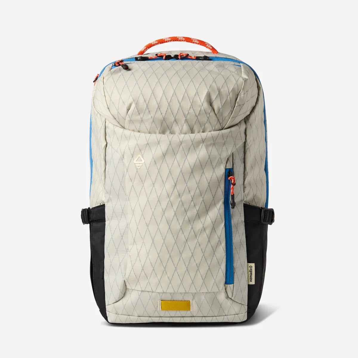 A technical backpack in light gray diamond-patterned fabric with black side pockets, blue zipper accents, and an orange top handle, shown against a light gray background.