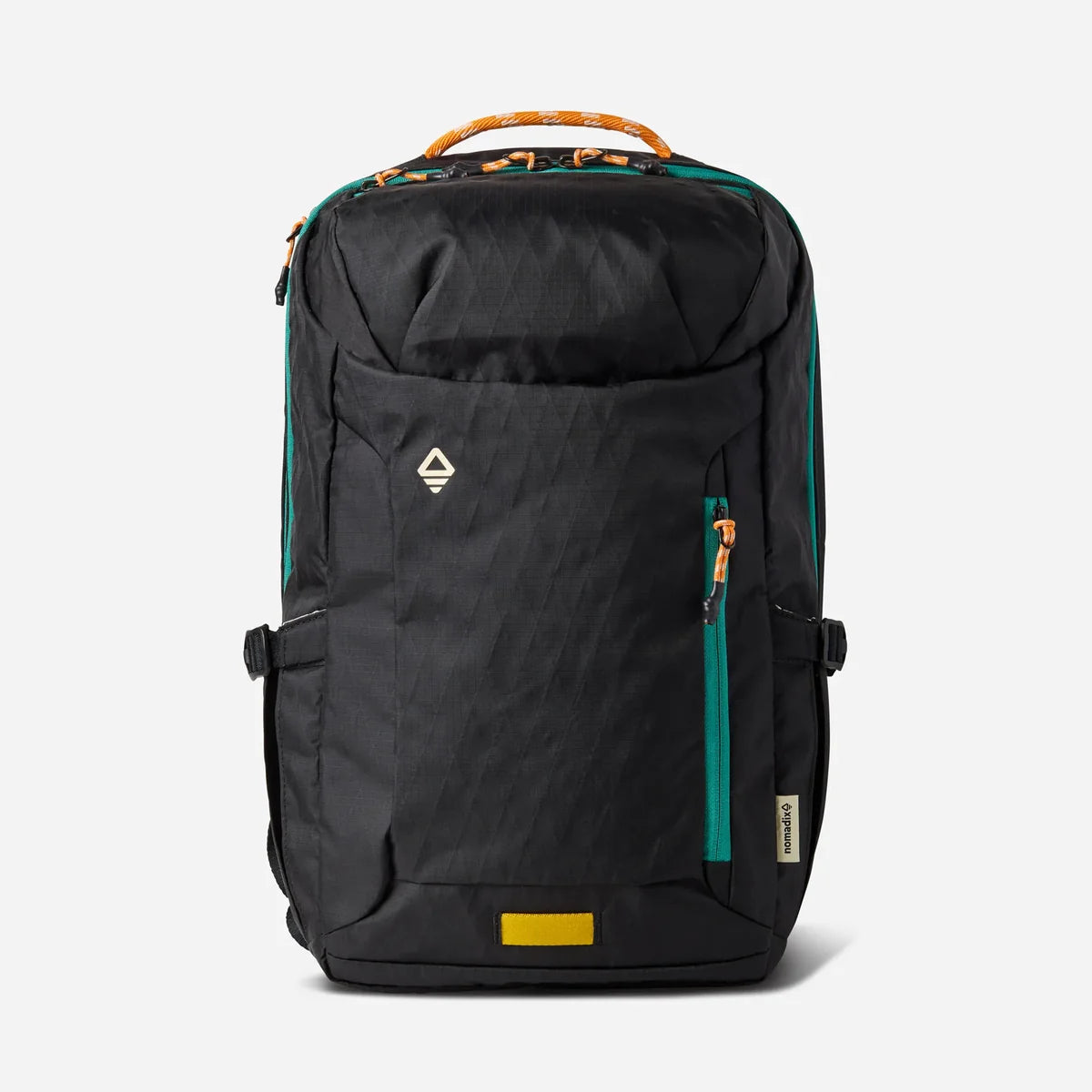 A black backpack with teal and orange accents, featuring a front zippered pocket with a small geometric logo, side pockets, and a top carry handle, shown on a white background.