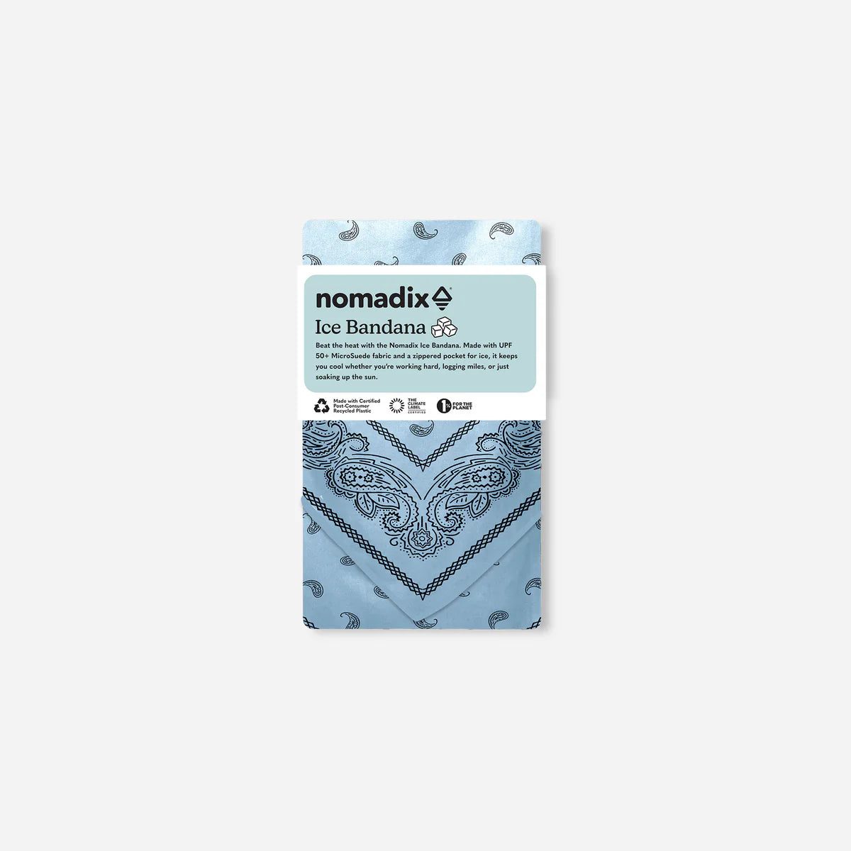 Nomadix Ice Bandana packaging with blue bandana design on a white background