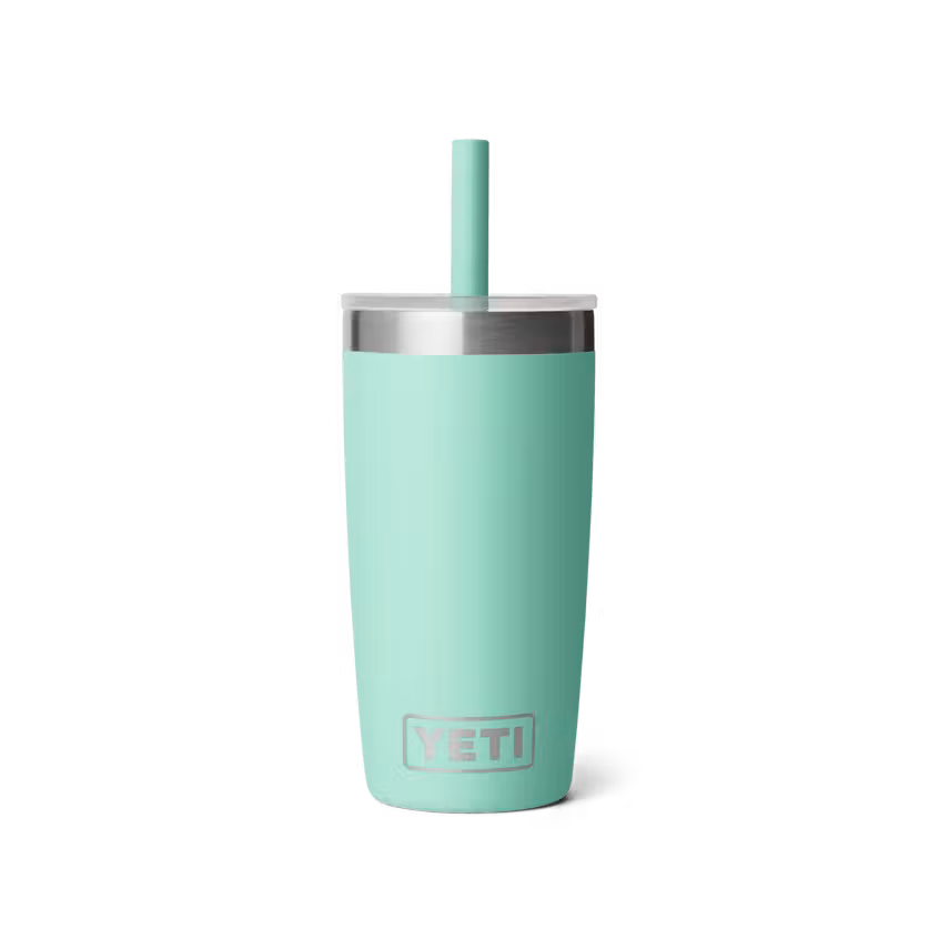 A mint green YETI insulated tumbler with a matching mint green straw and a silver stainless steel rim, shown on a clean white background.