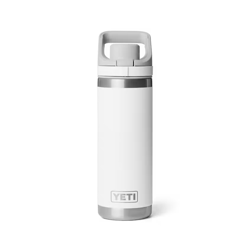 A white YETI insulated water bottle with a gray lid and handle, shown on a clean white background.