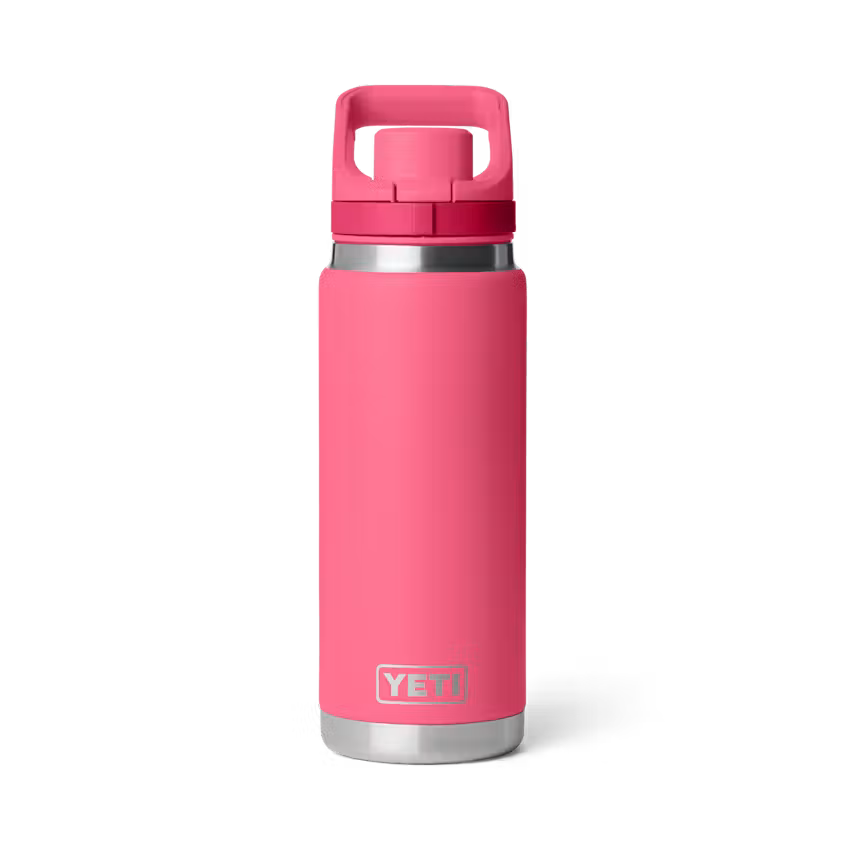 Pink YETI water bottle with a silver base and handle on a white background