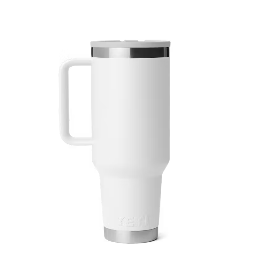 White insulated mug with handle on a white background