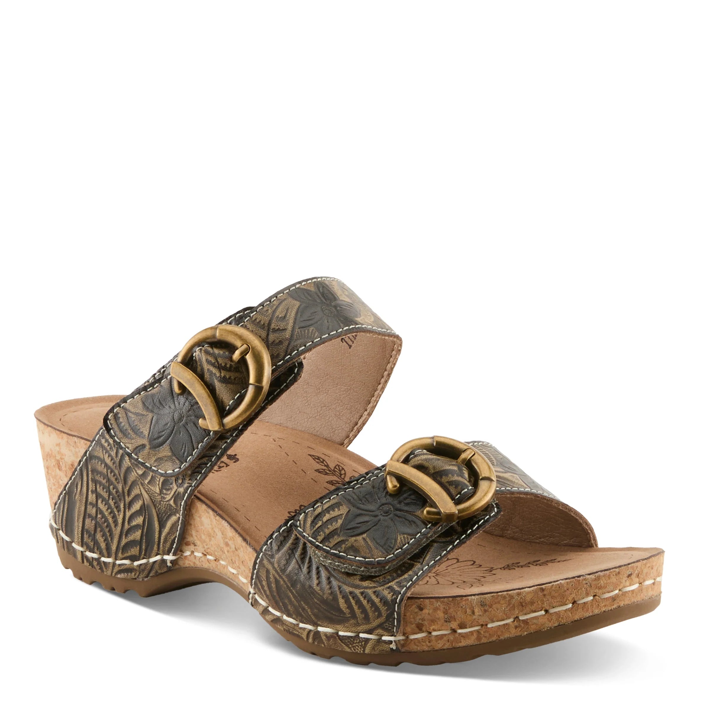 Brown sandal with floral pattern and gold buckle on a white background
