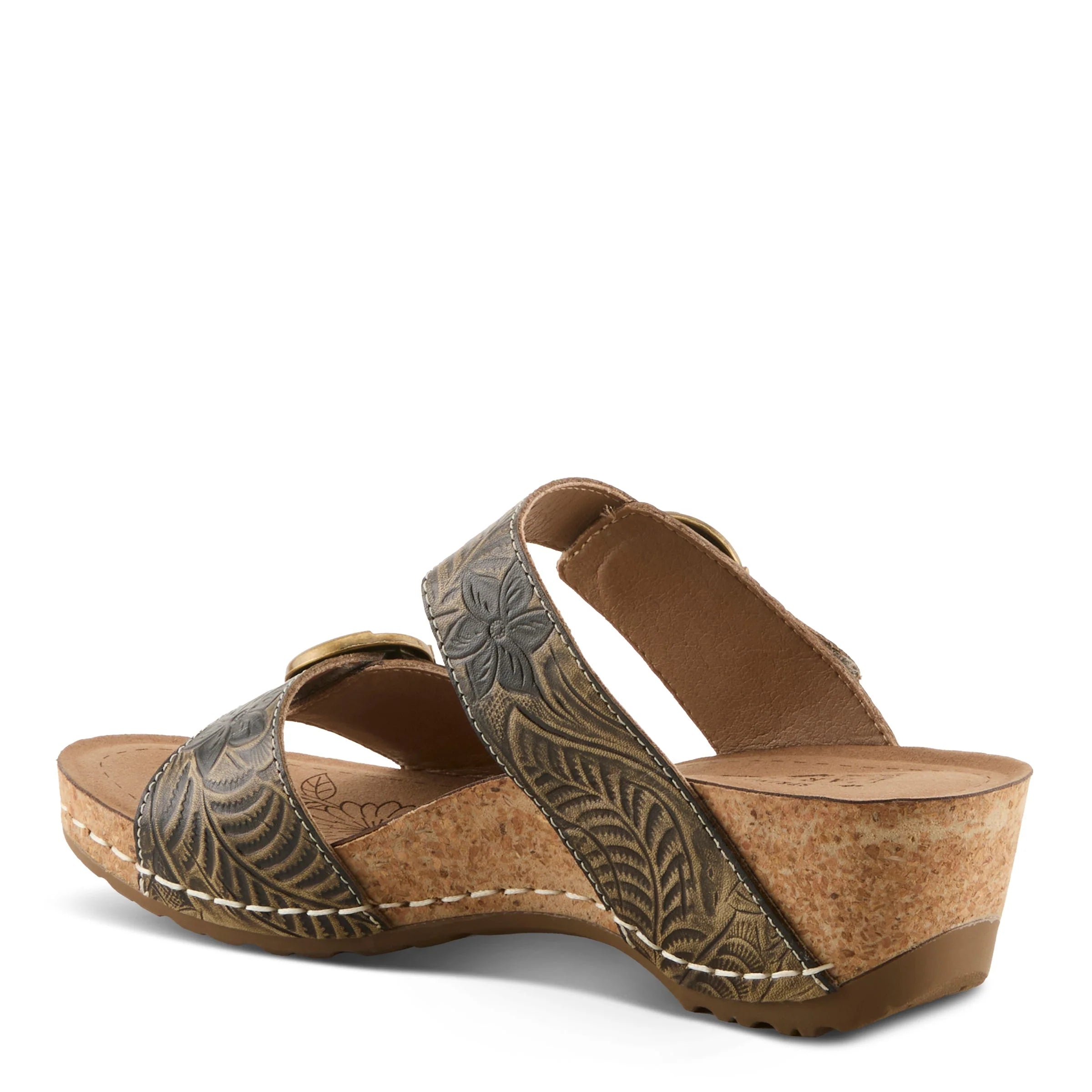Brown wedge sandal with floral pattern on a white background