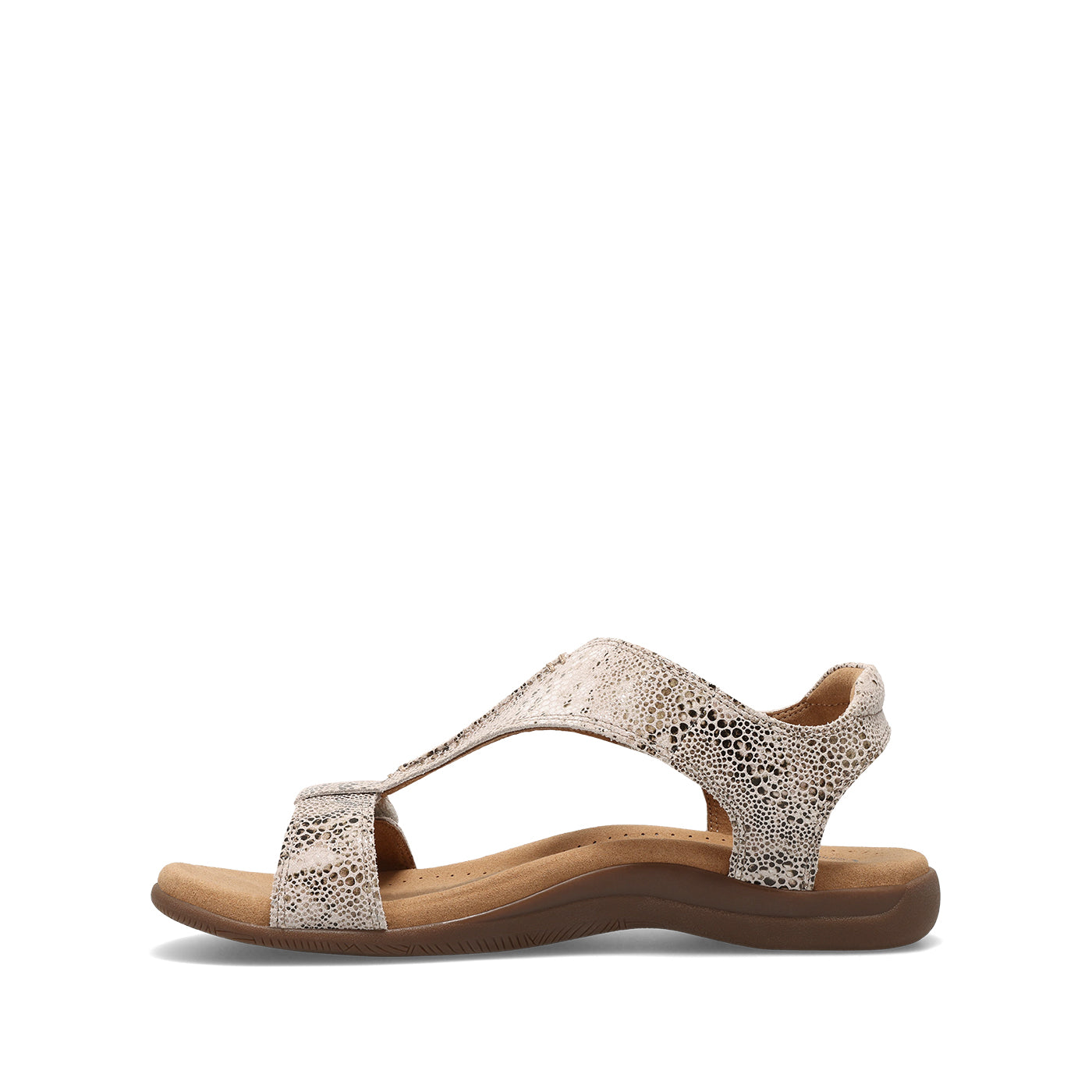 Single sandal with patterned straps and wooden sole on a white background