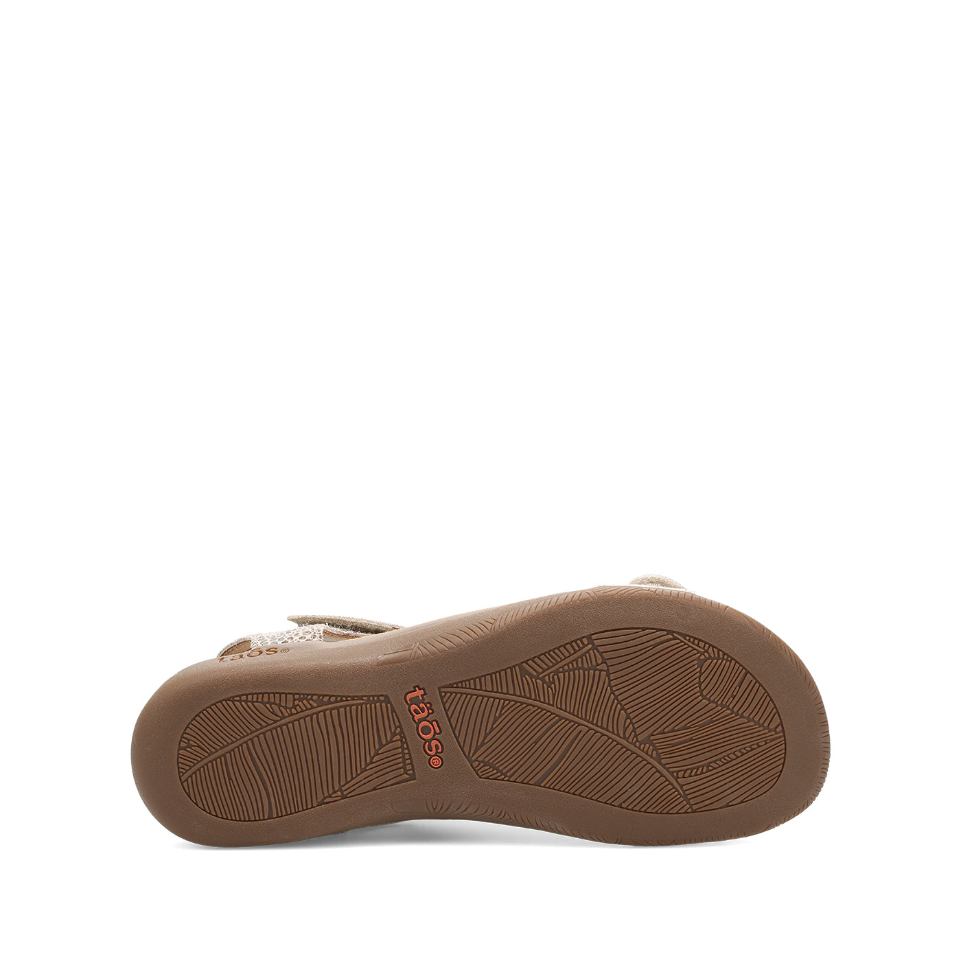 Tan sandal sole with brand logo on a white background