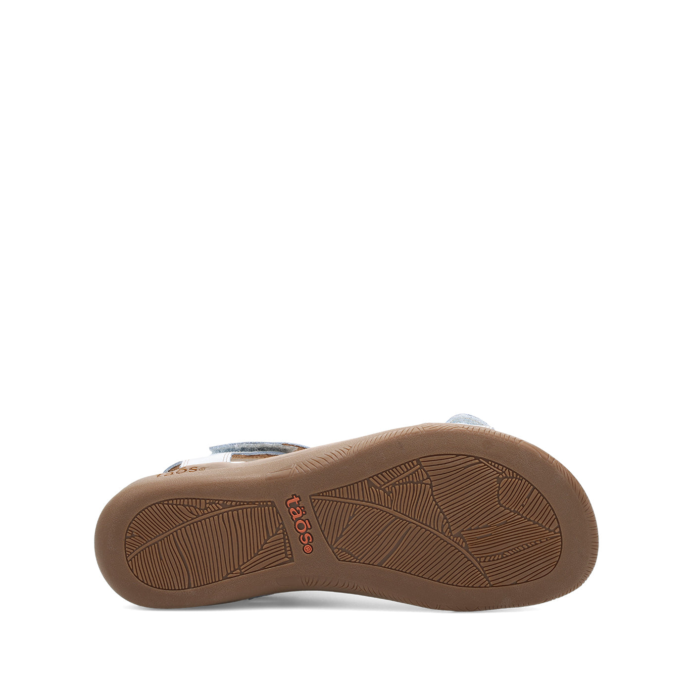 Brown sole of a shoe with a brand logo on a white background