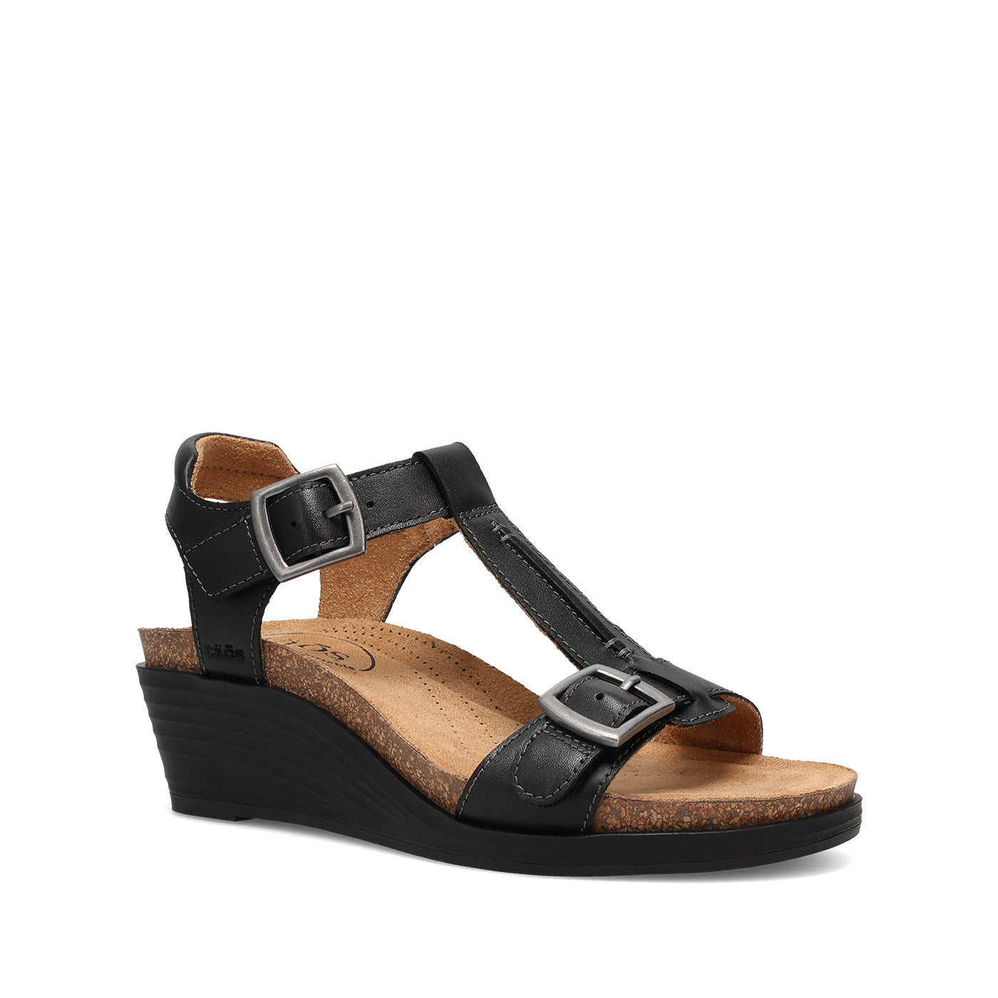 Black wedge sandal with a strap on a white background
