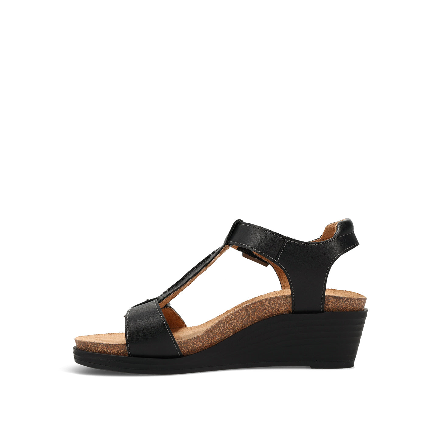 Black wedge sandal on a white background