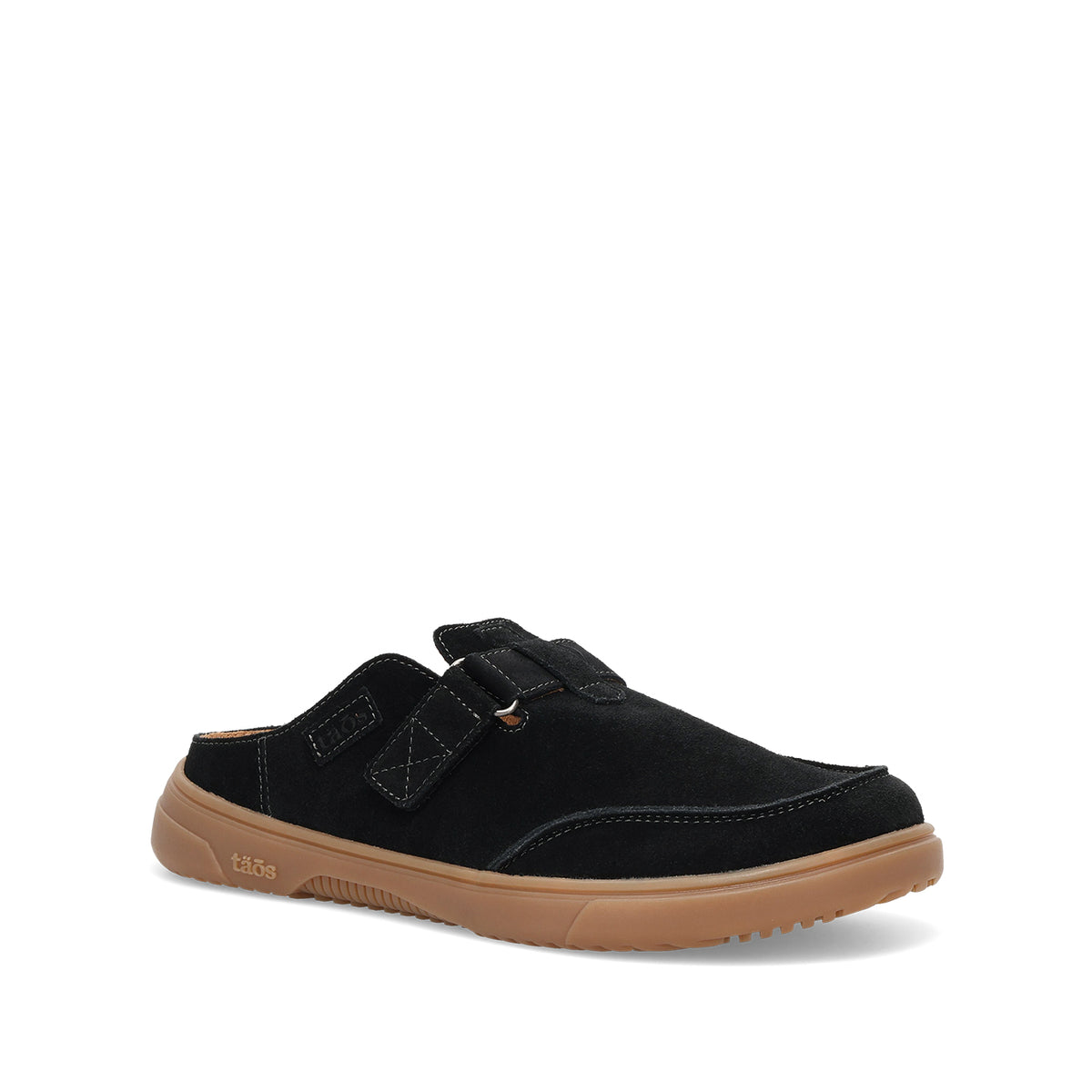 A single black slip-on clog-style shoe with a tan gum sole, shown from a side profile on a white background.