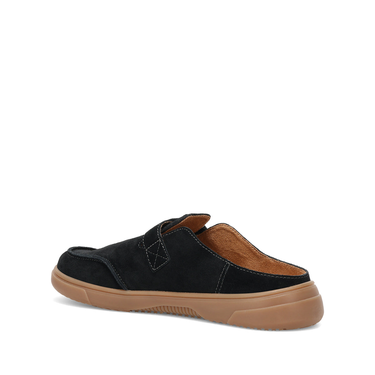 A single black suede slip-on mule shoe with a tan gum sole, shown from a side profile view on a white background.