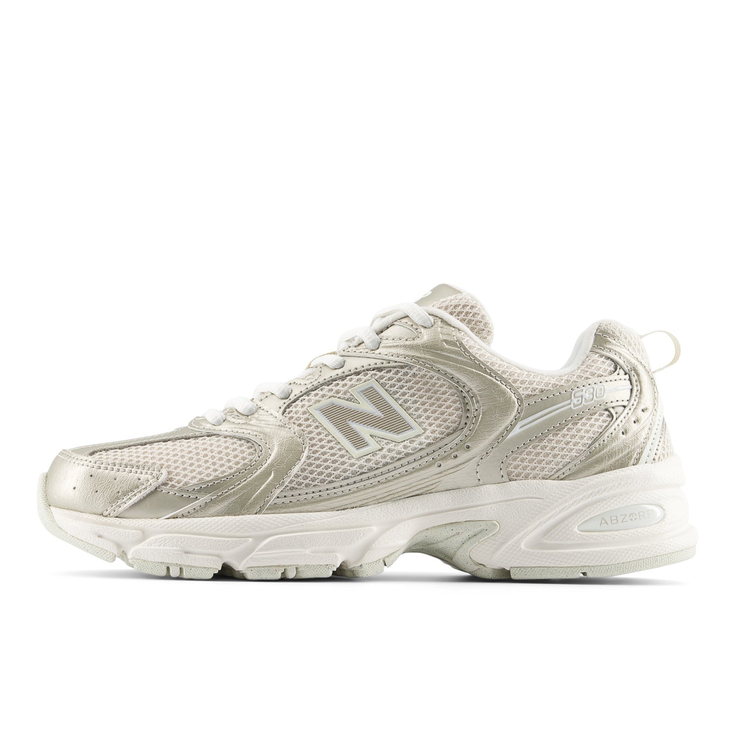 White athletic shoe with 'N' logo on a white background