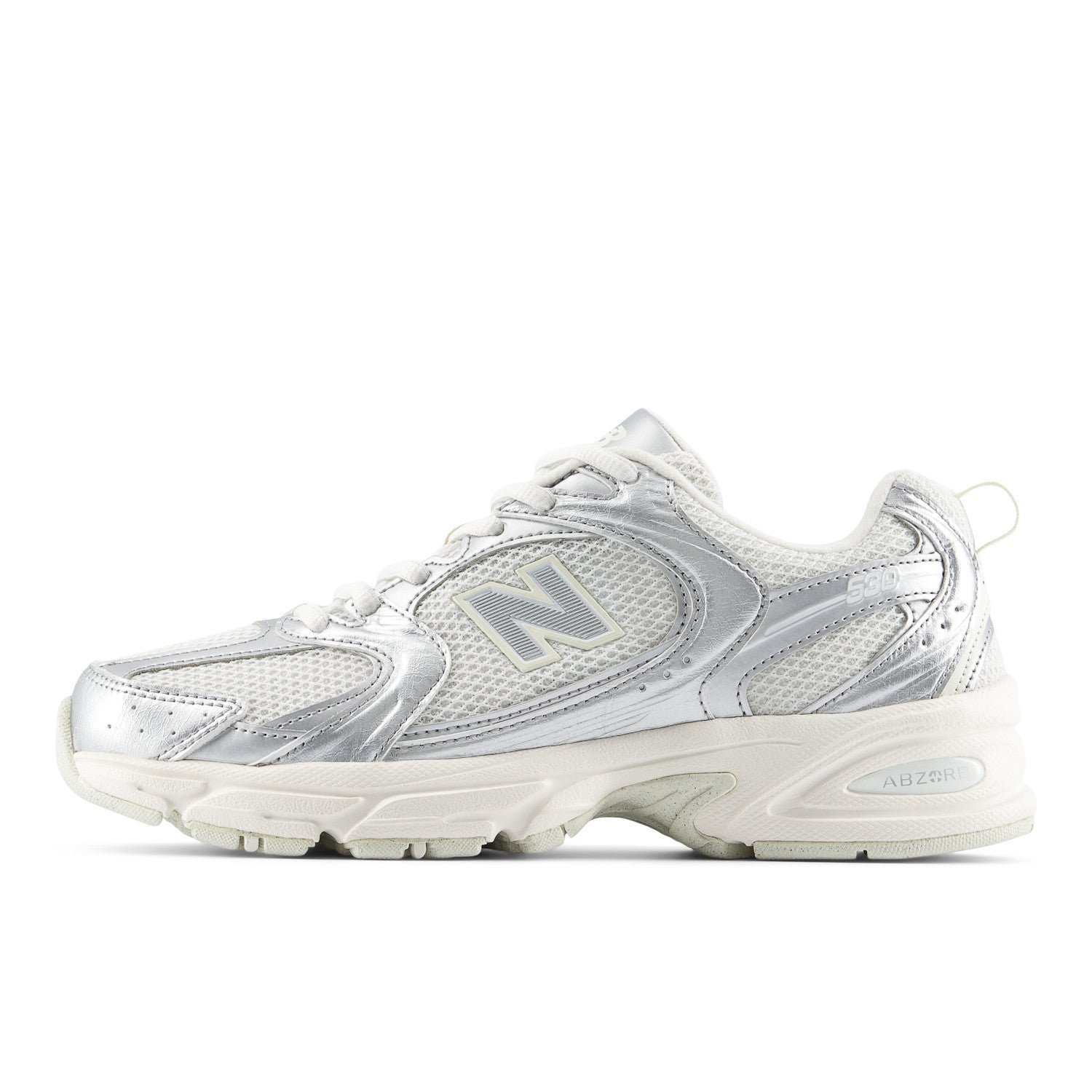 White athletic shoe with 'N' logo on a white background