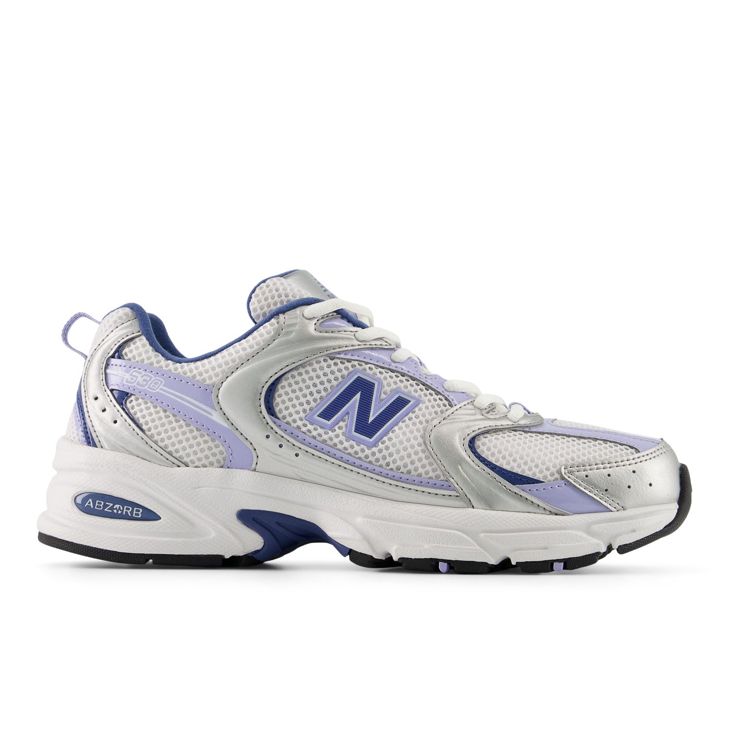 White and purple sneaker with New Balance logo on a white background