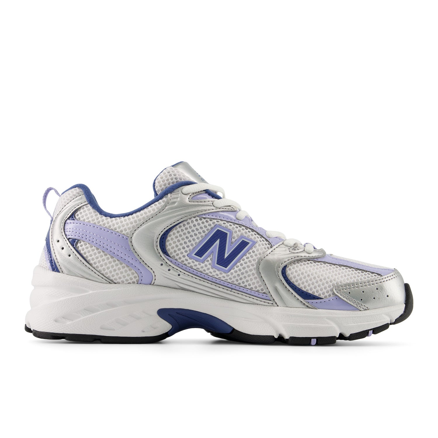 White and blue sneaker with New Balance logo on a white background