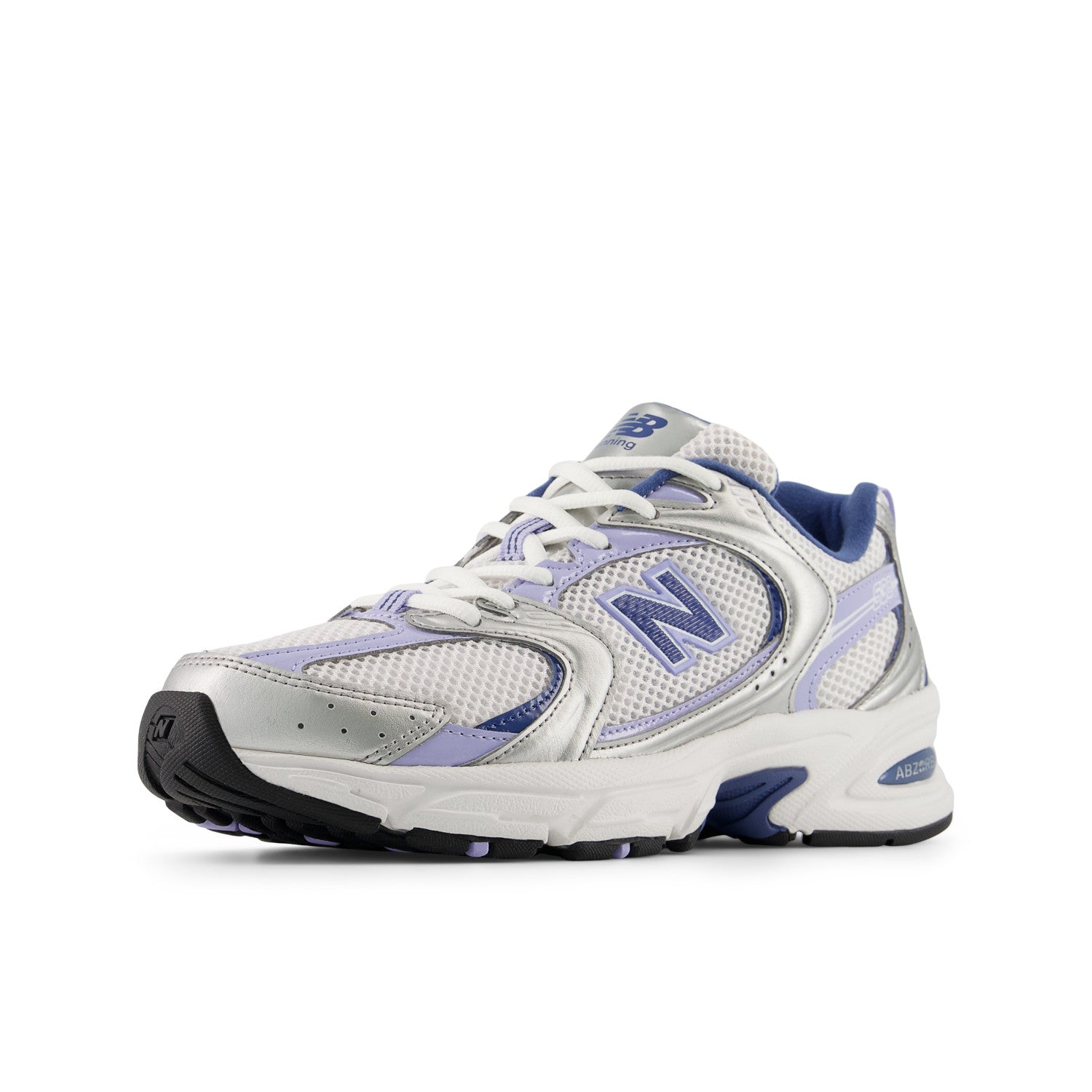 White and purple running shoe with New Balance logo on a white background