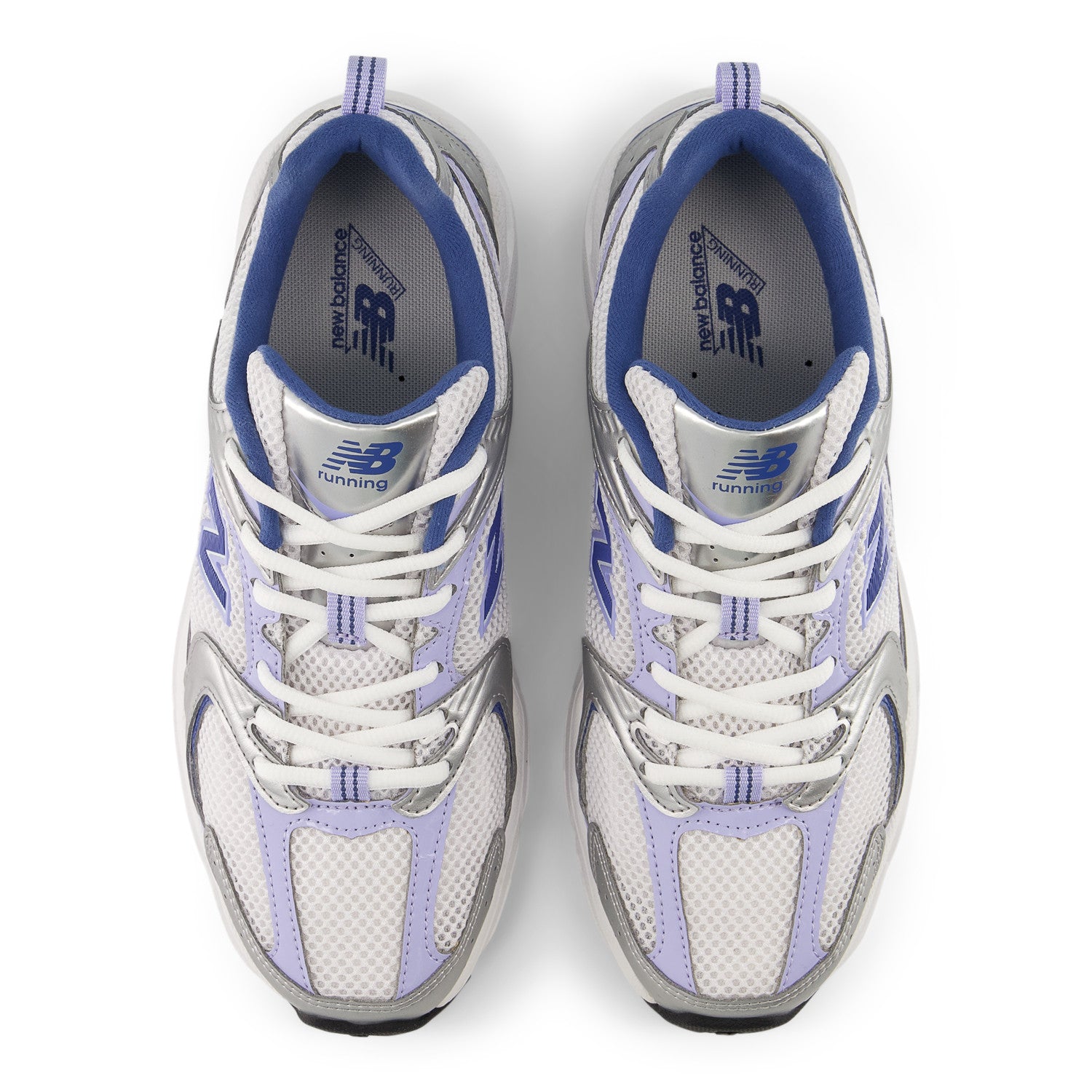 White and blue running shoes with New Balance branding on a white background