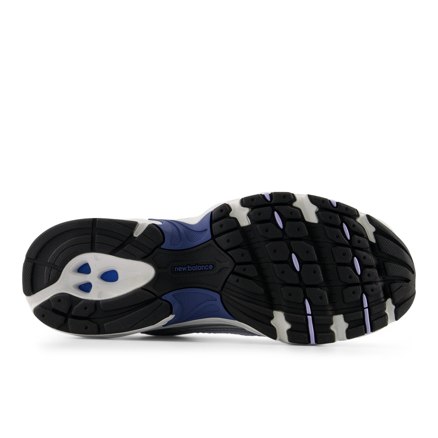 Sole of a running shoe with brand logo on a white background