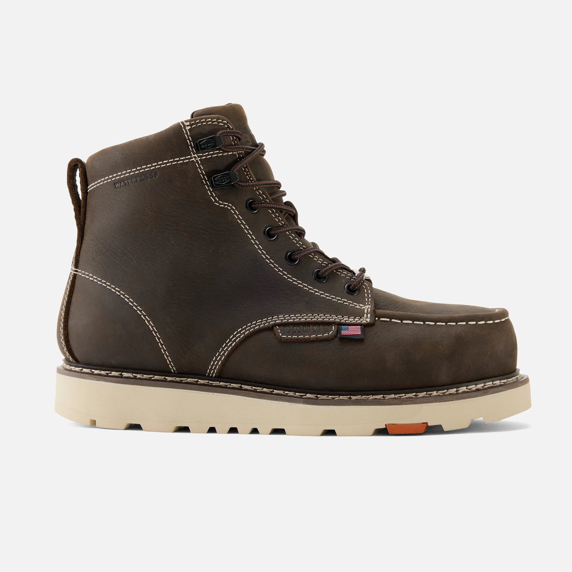 Brown leather boot with beige sole on a white background