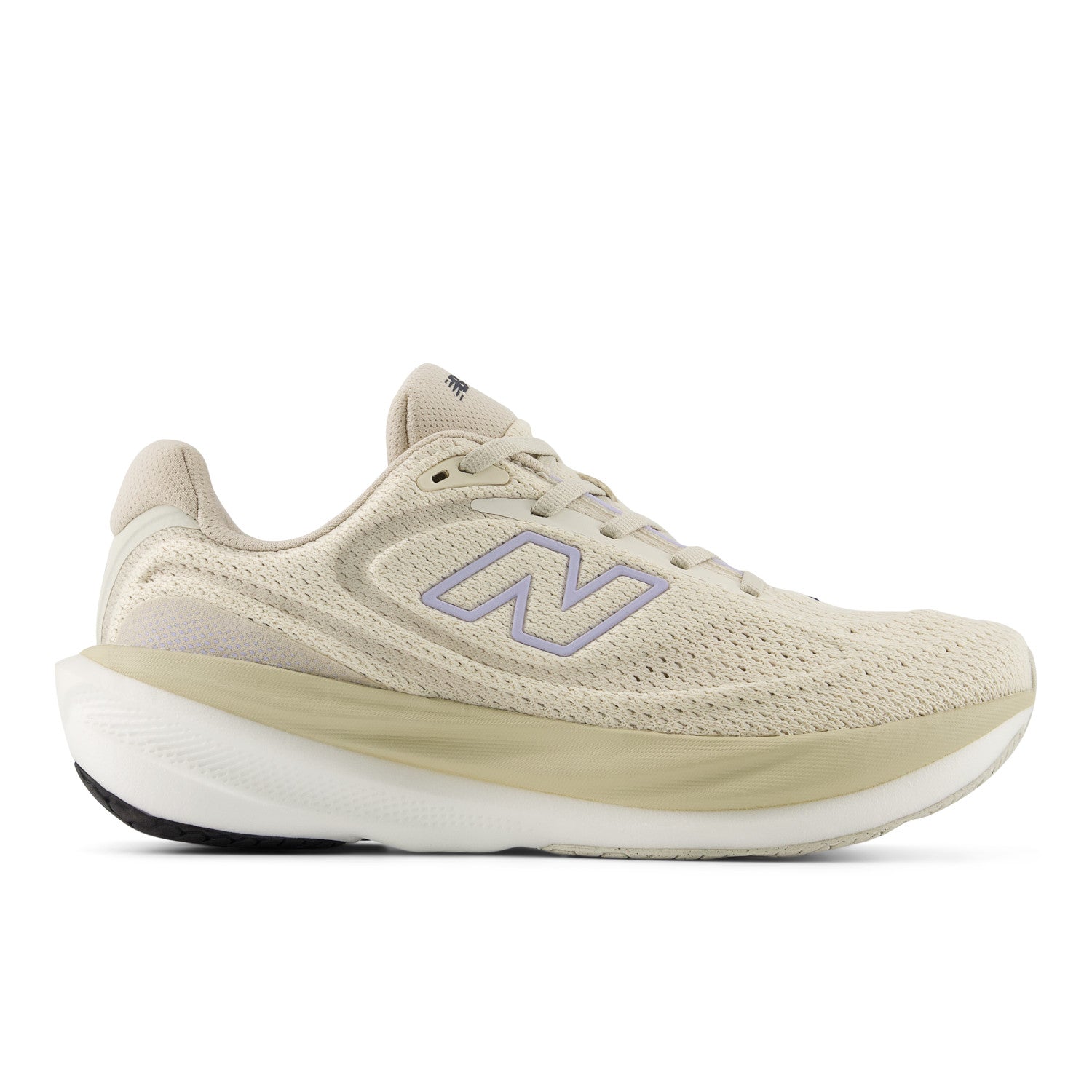 Beige running shoe with New Balance logo on a white background