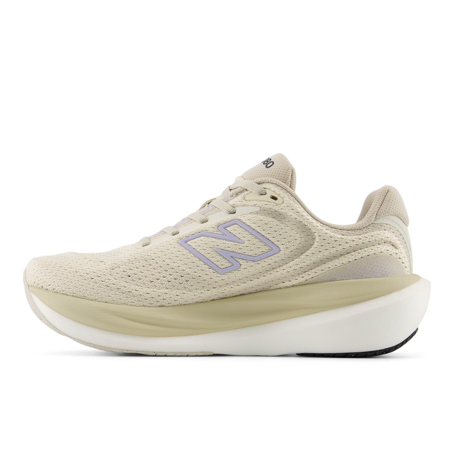 Beige running shoe with New Balance logo on a white background