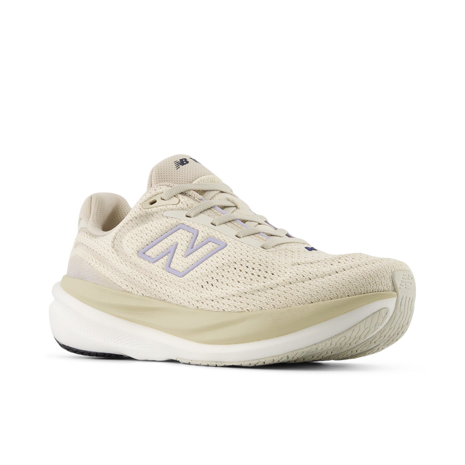 Beige running shoe with New Balance logo on a white background