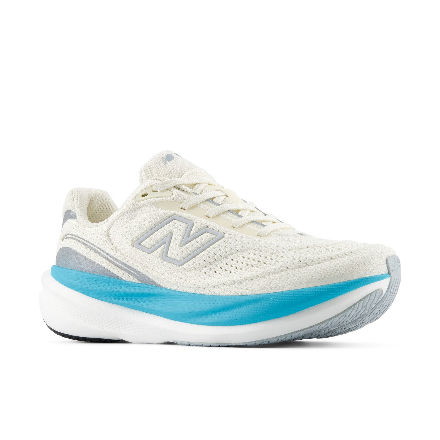 White running shoe with blue sole on a white background