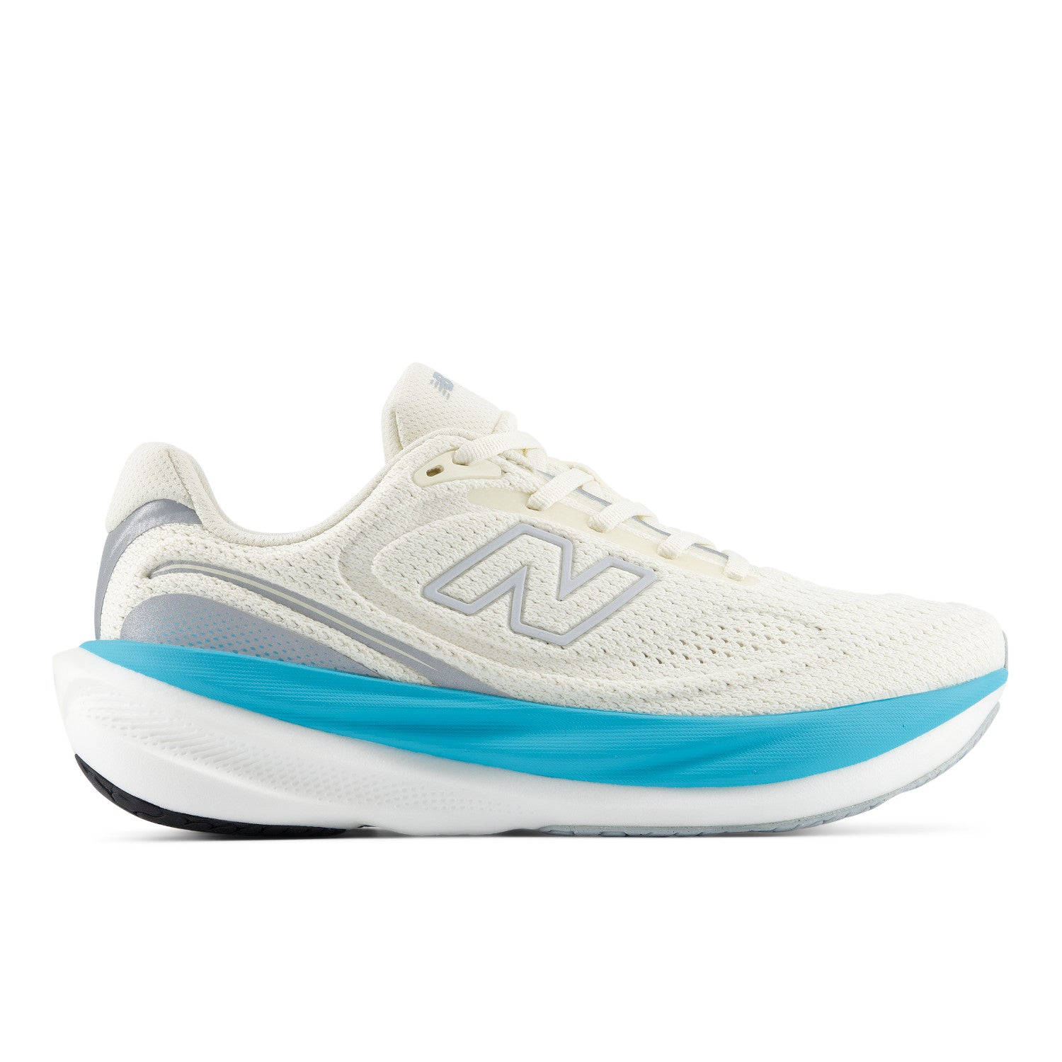 White running shoe with blue sole on a light gray background