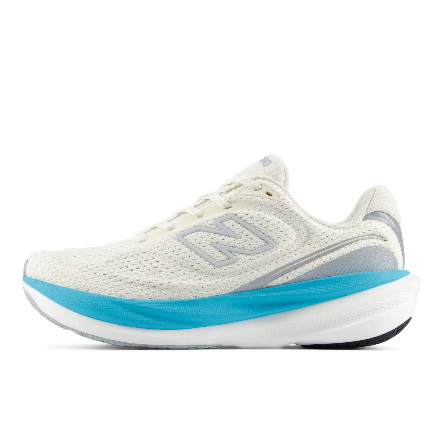 White running shoe with blue sole on a white background