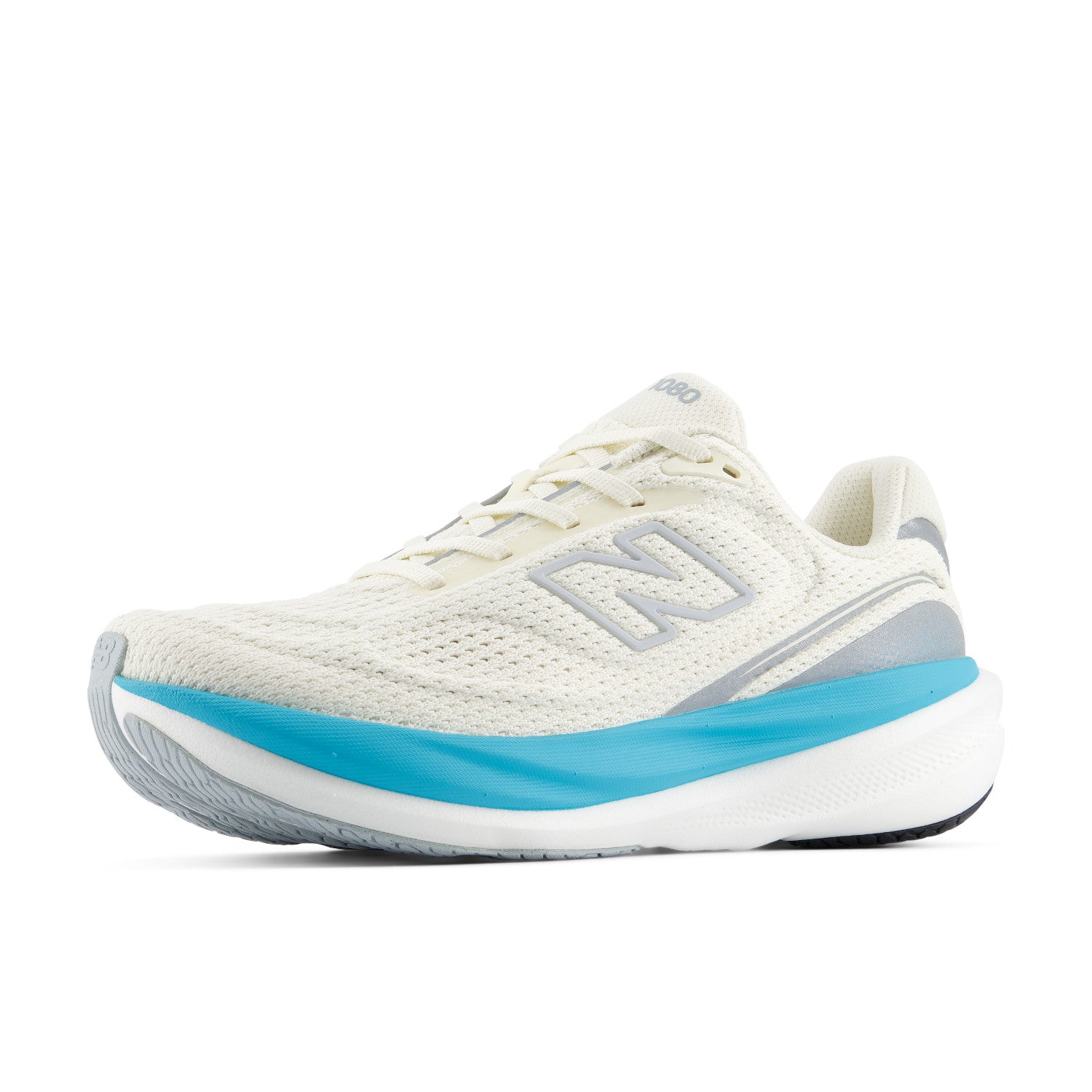 White running shoe with blue sole on a white background