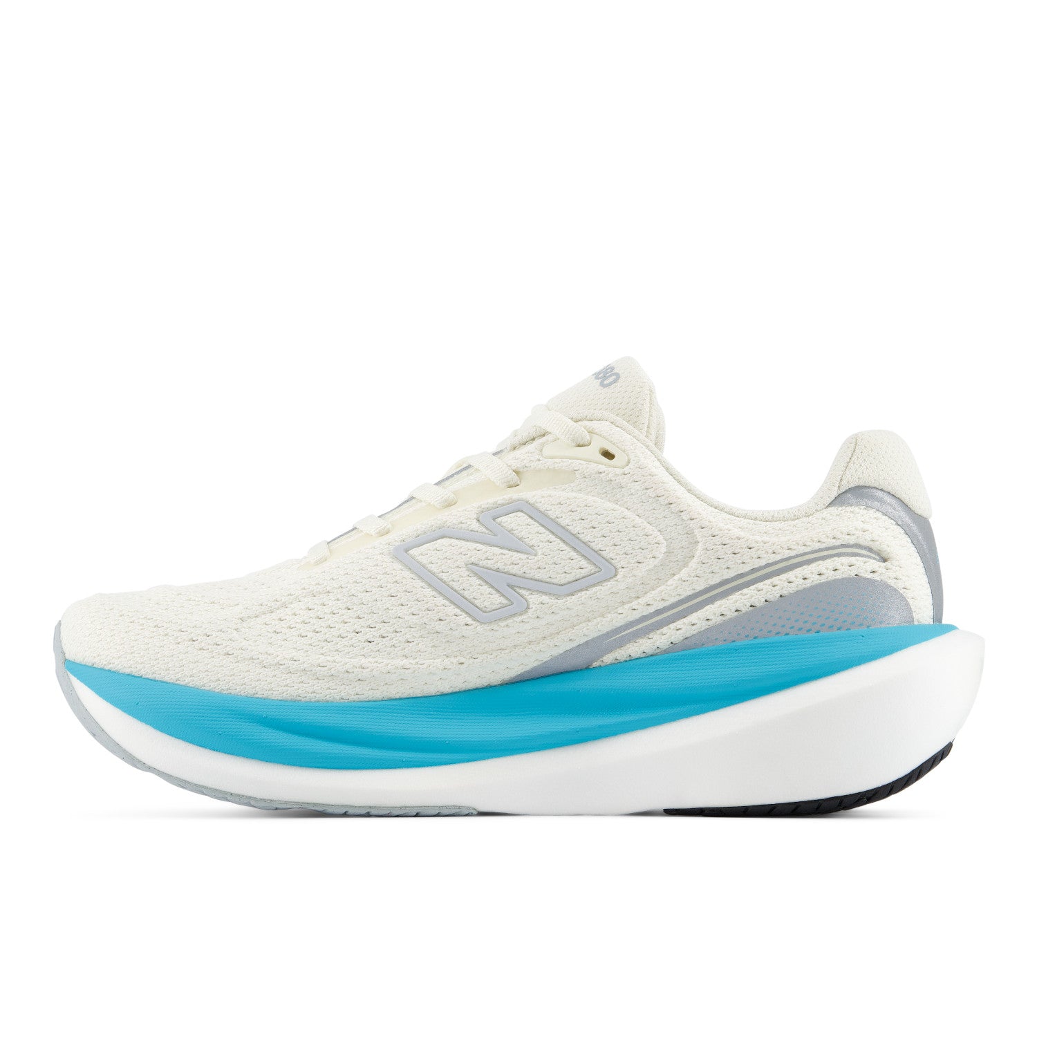 White running shoe with blue sole on a white background