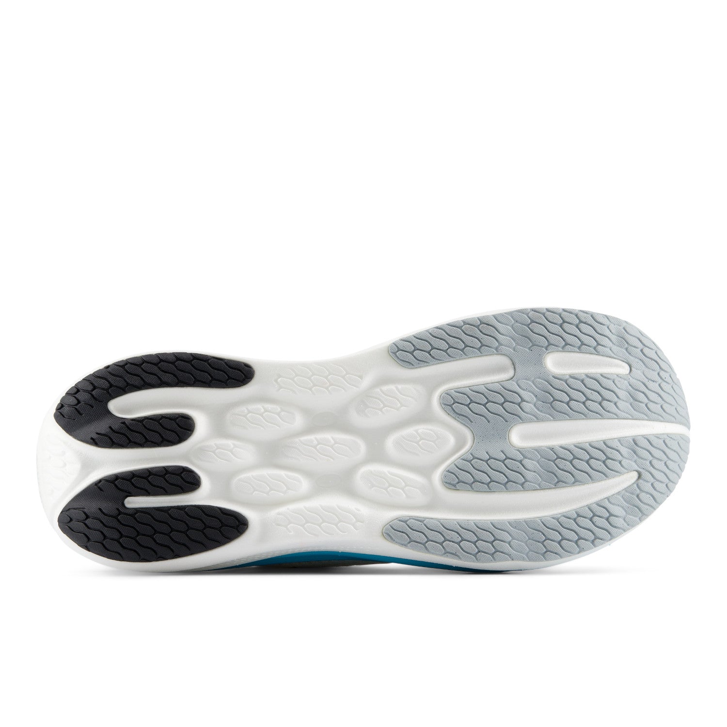 Close-up of a running shoe sole with tread pattern on a white background