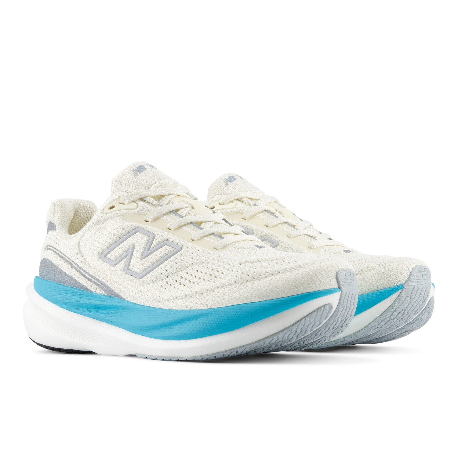 White running shoe with blue sole on a white background