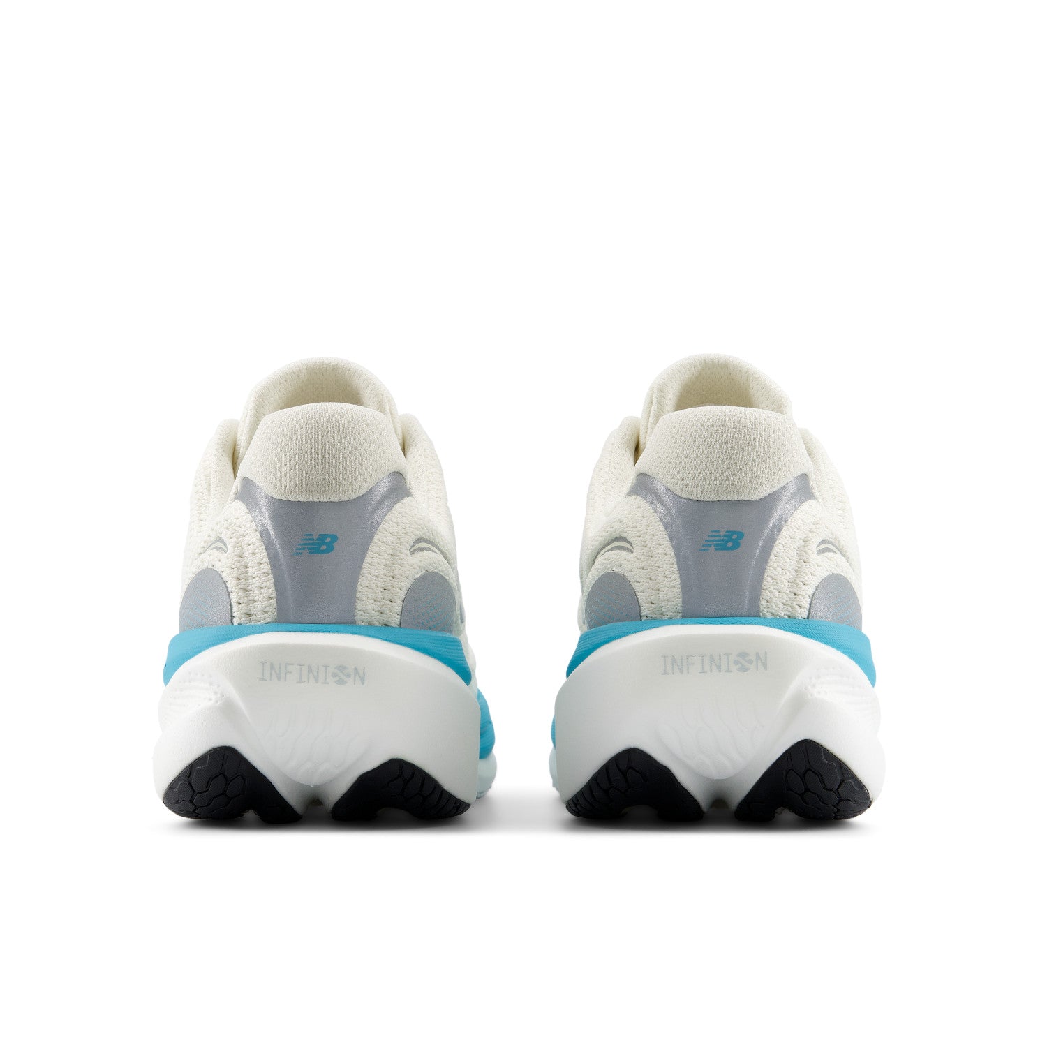 Pair of white and gray sneakers with blue accents on a white background