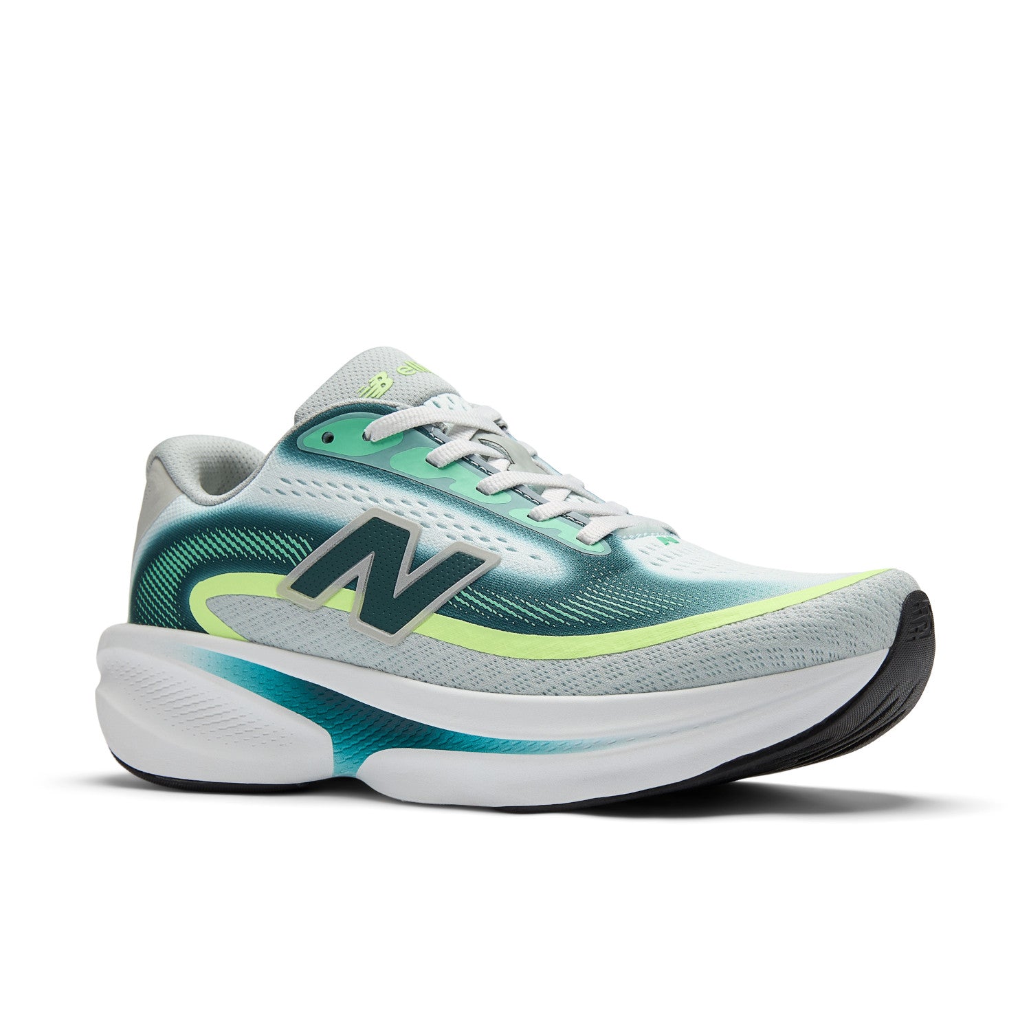 Green and gray running shoe with New Balance logo on a white background
