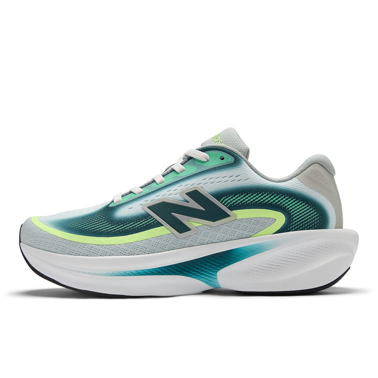 Green and gray running shoe with New Balance logo on a white background