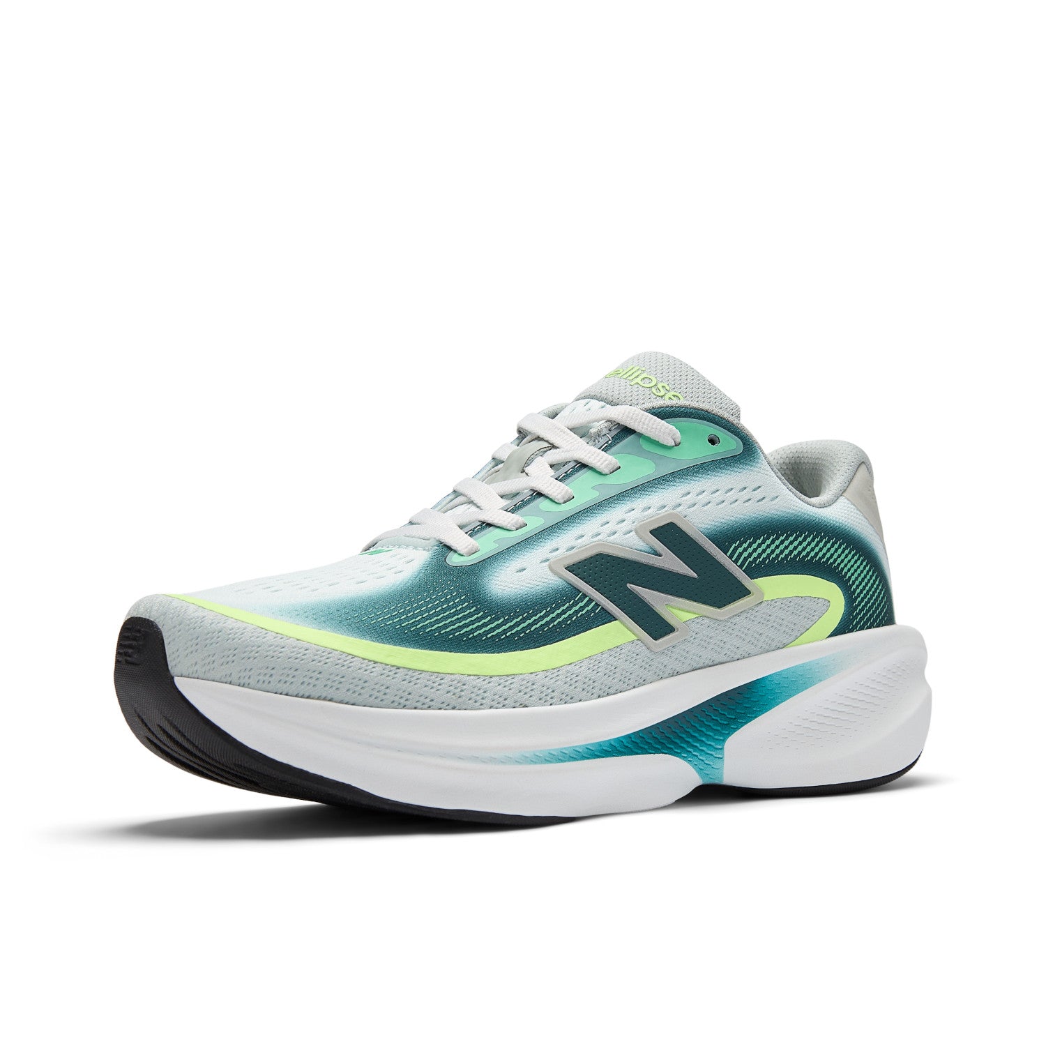 White running shoe with green accents on a white background