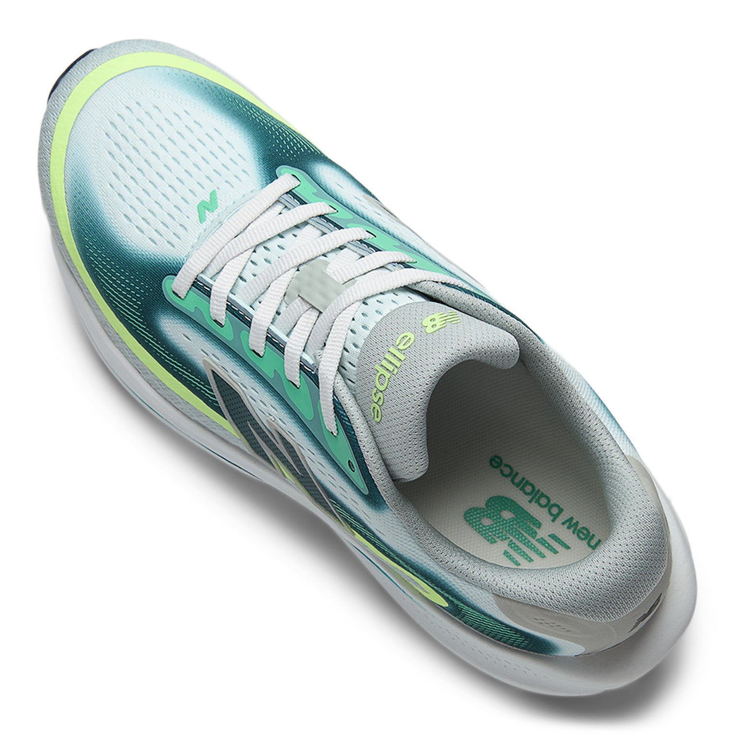 Light blue and green running shoe with white laces on a white background