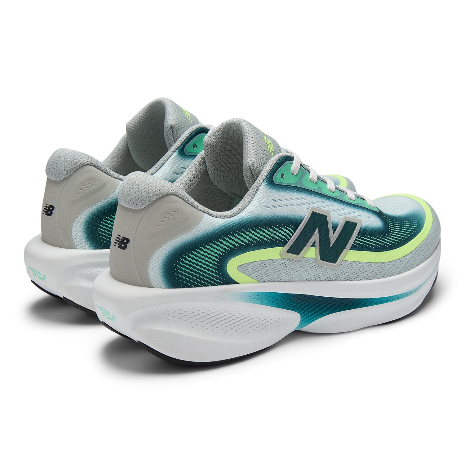 Gray and teal running shoes with New Balance logo on a white background