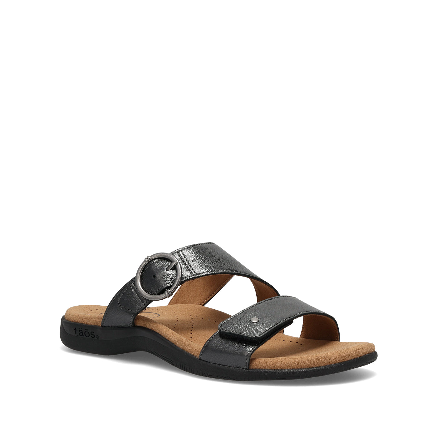 Black sandal with a brown sole on a white background