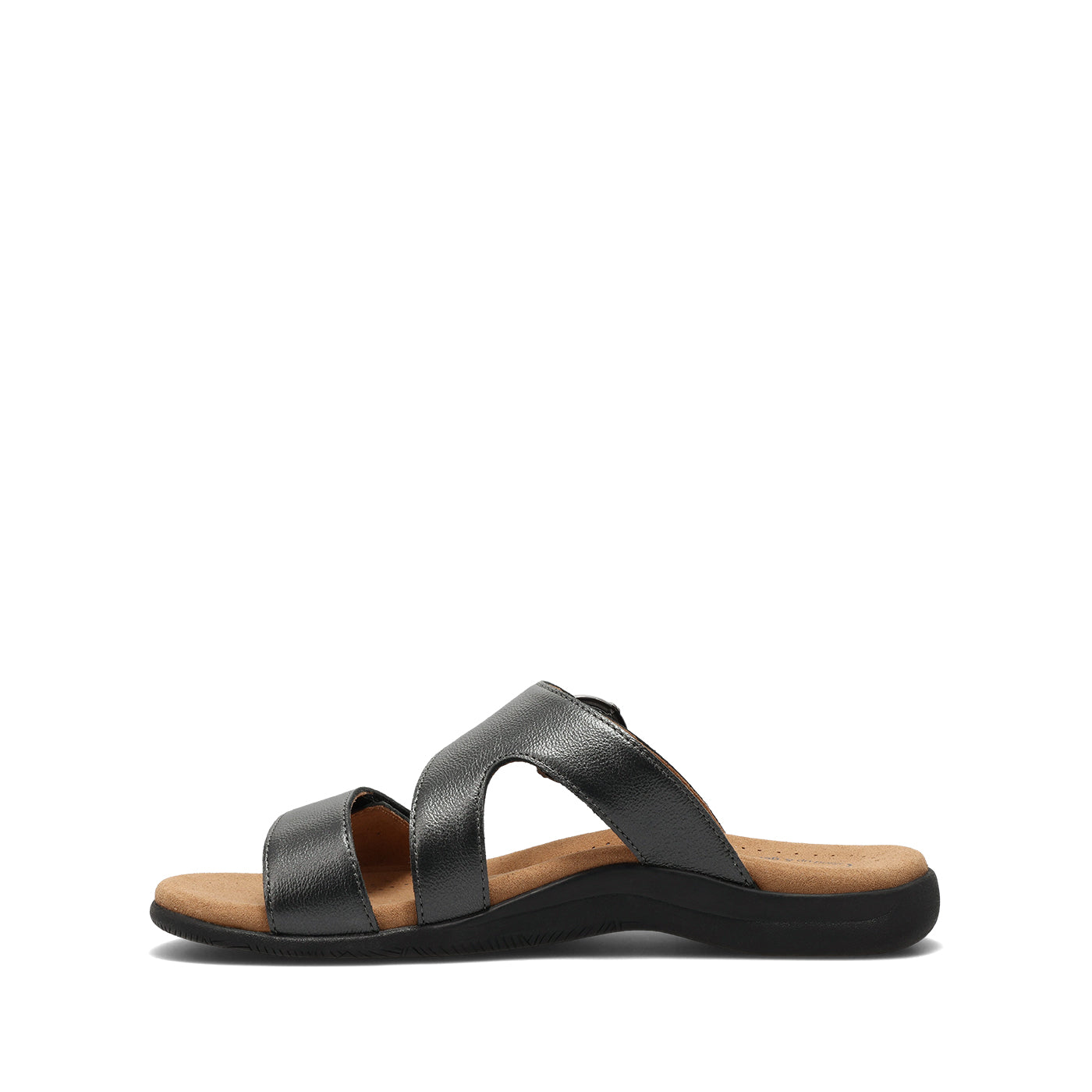 Black sandal with a brown sole on a white background